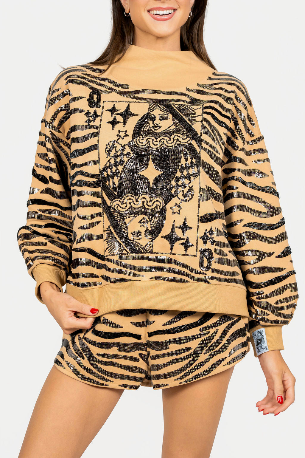 Tan Sequin Tiger Print QOS Card Mock Neck Sweatshirt