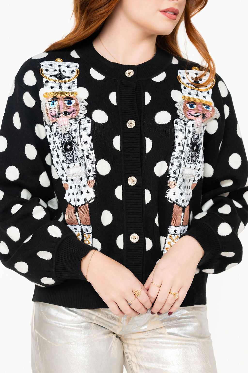 Black & White Polka Dot Nutcracker in QOS Button Up Cardigan