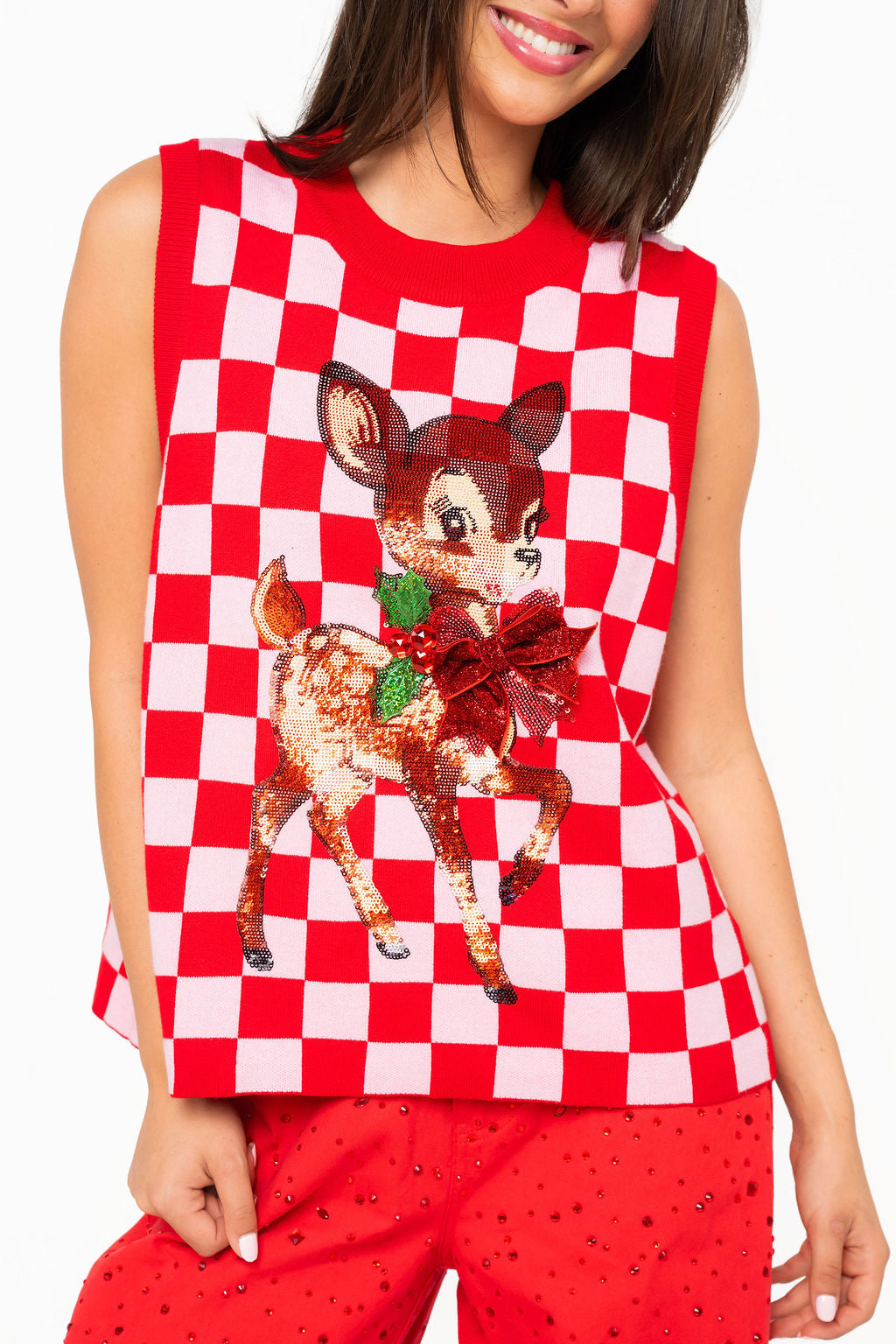Red & Pink Checkered Reindeer Knit Vest