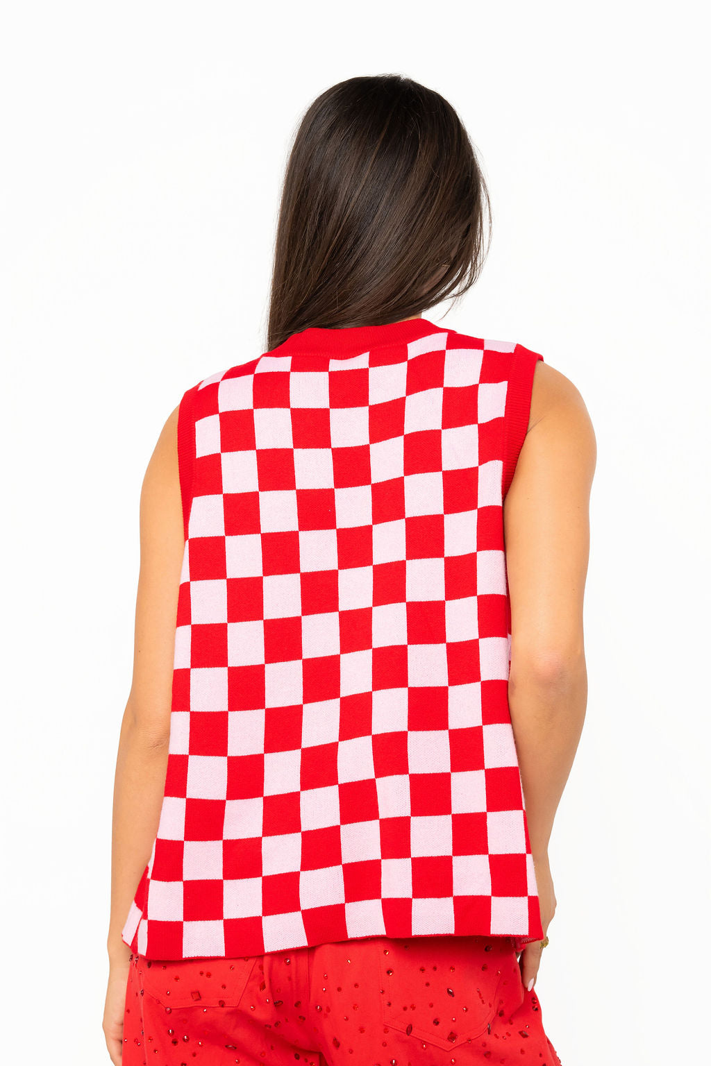 Red & Pink Checkered Reindeer Knit Vest