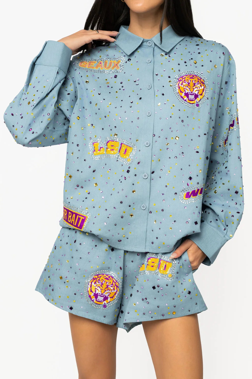 Licensed LSU Denim Multi Rhinestone Scattered Logo Button Up Long Sleeve Top