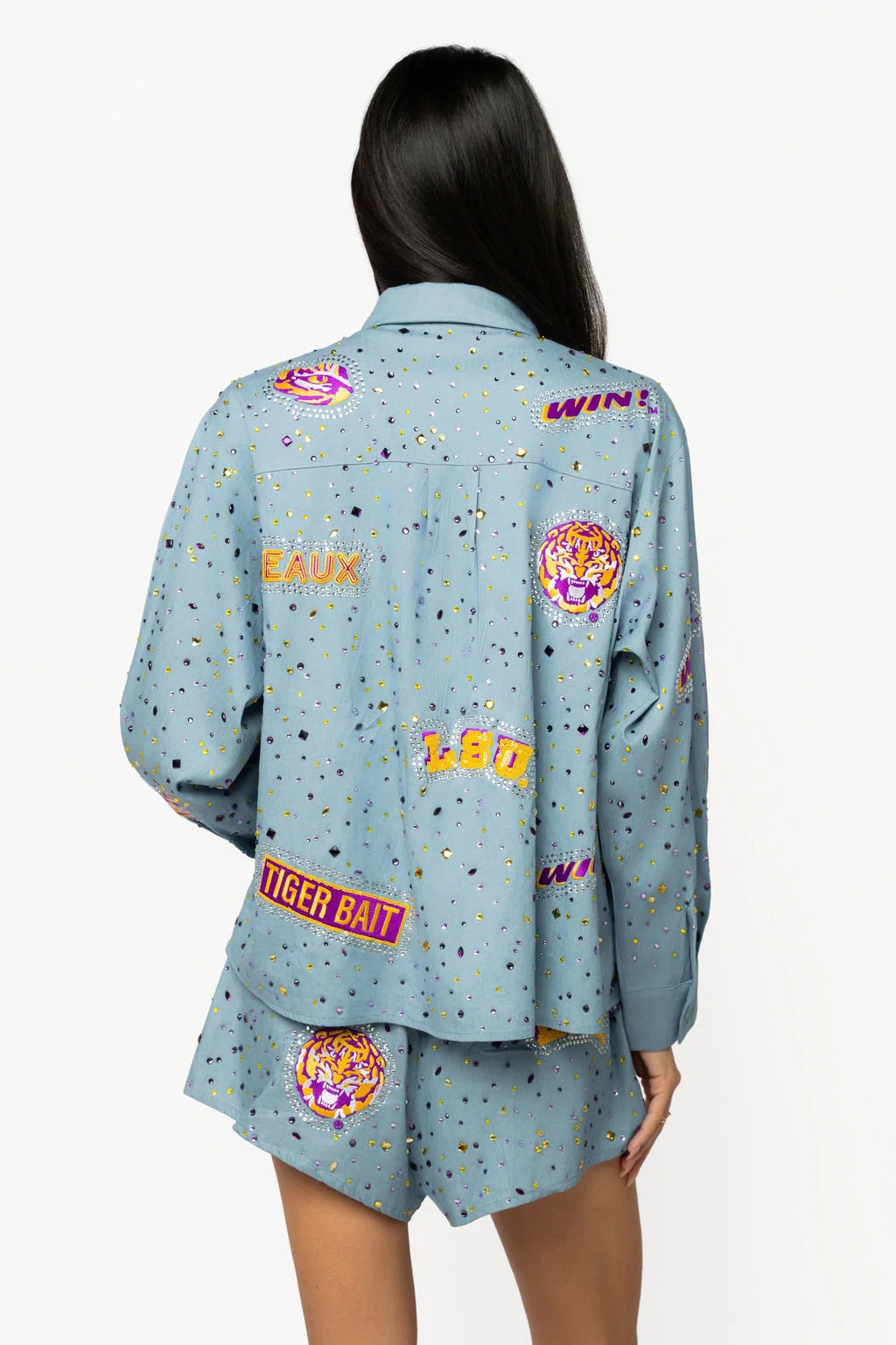 Licensed LSU Denim Multi Rhinestone Scattered Logo Button Up Long Sleeve Top