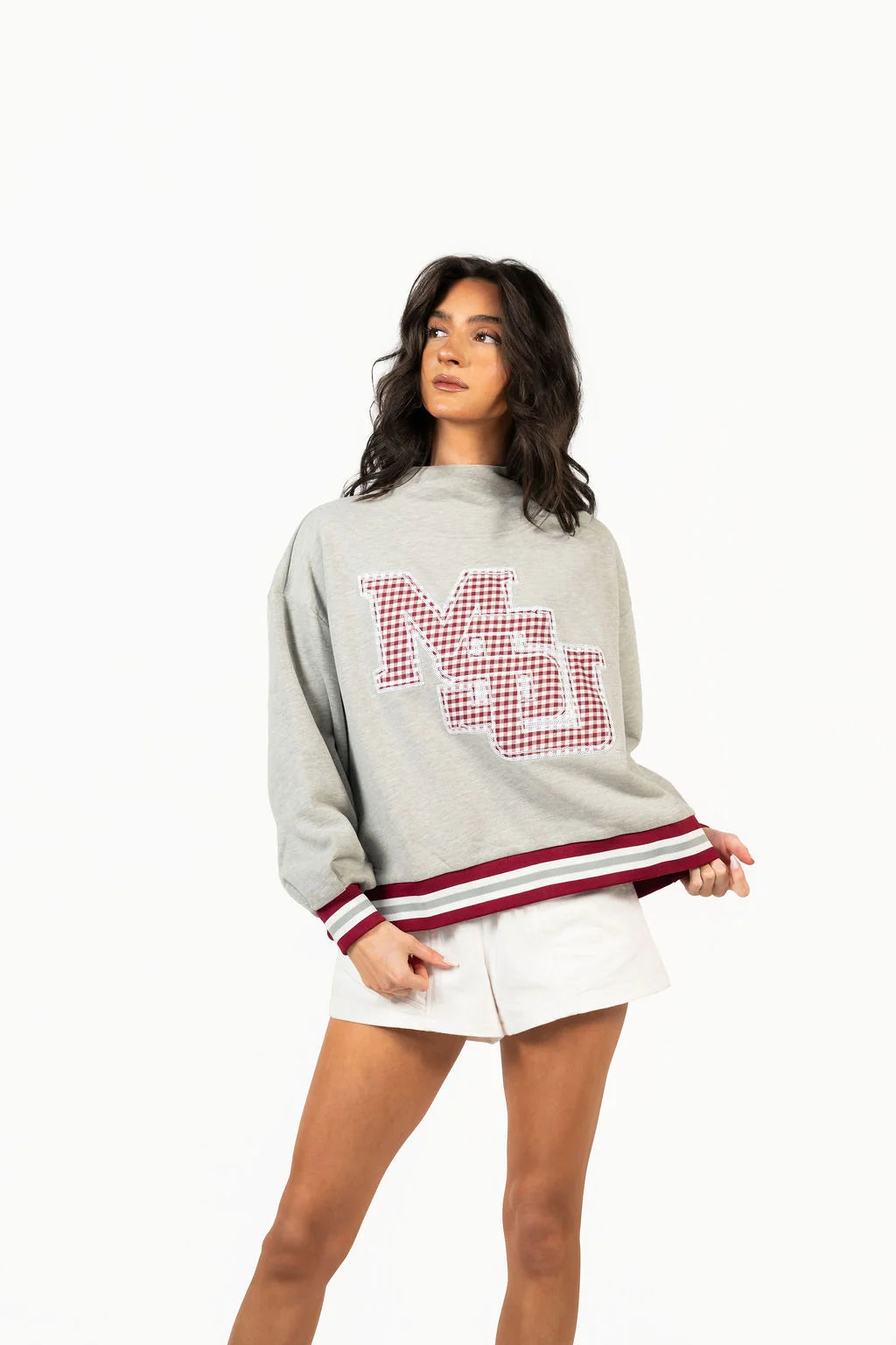 Licensed Miss State Grey Gingham Mascot Mock Neck Sweatshirt