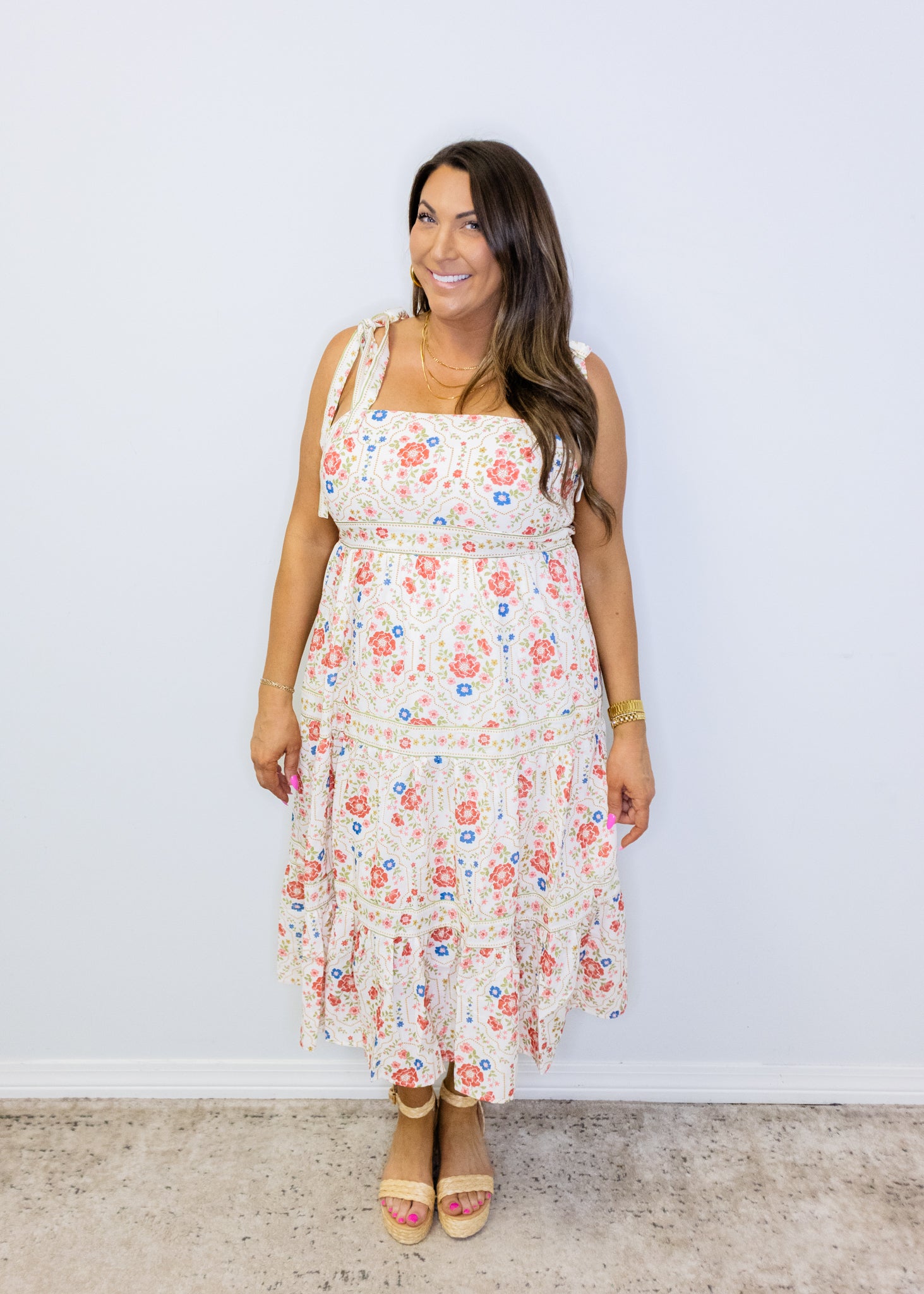 Red Multi Floral Midi Dress