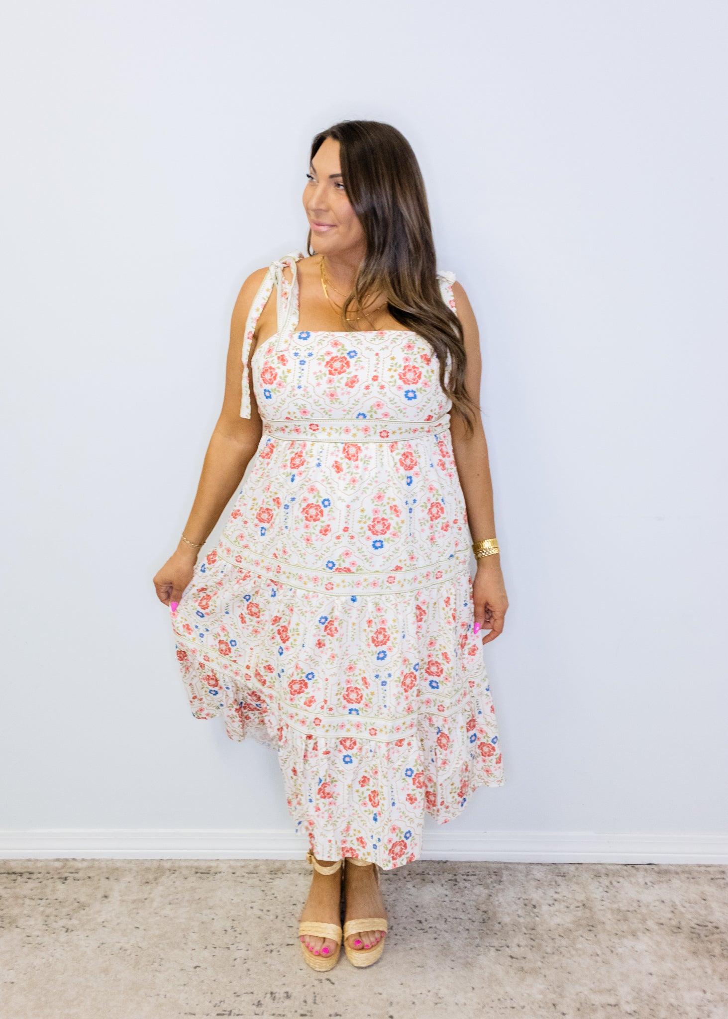 Red Multi Floral Midi Dress