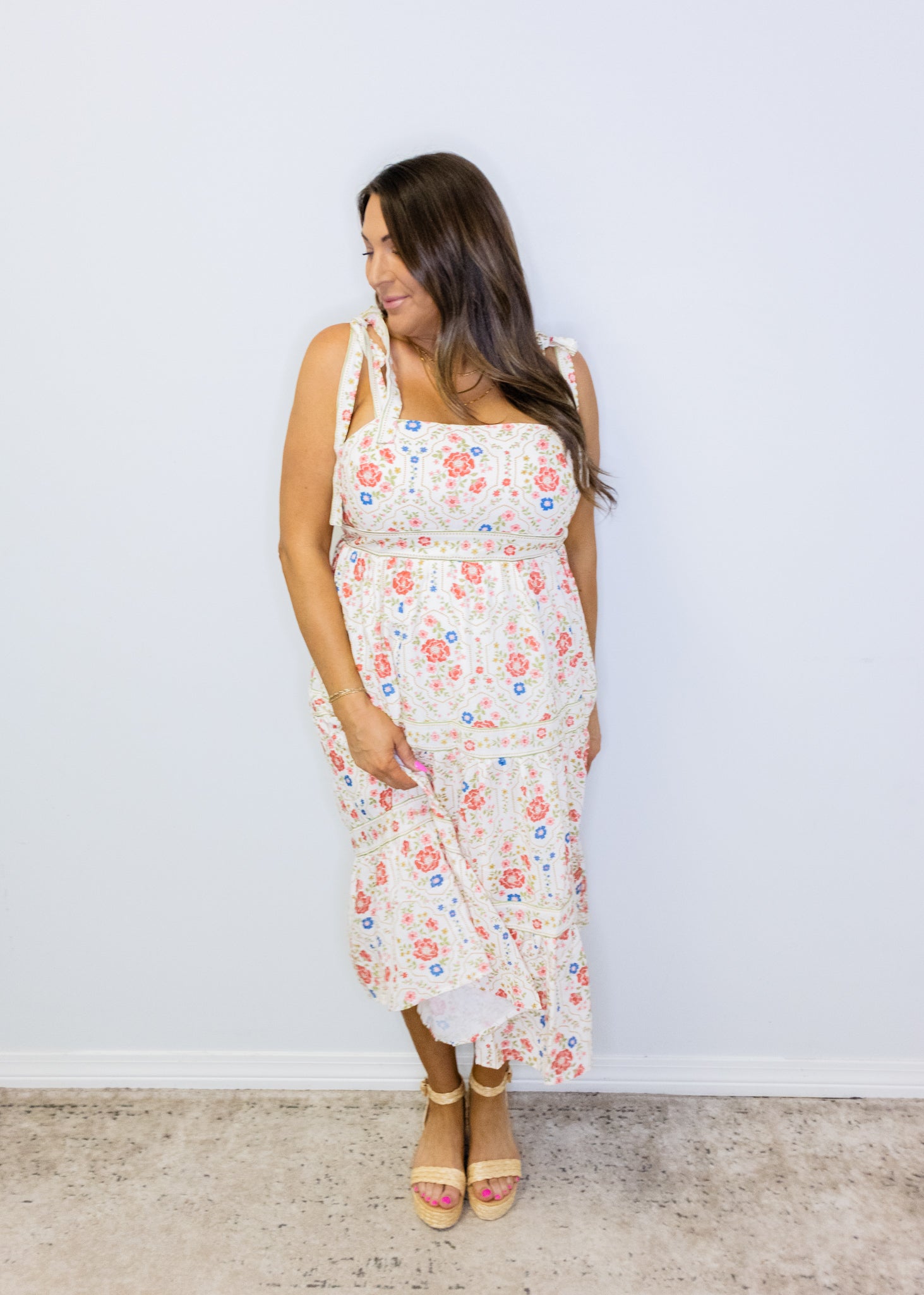 Red Multi Floral Midi Dress