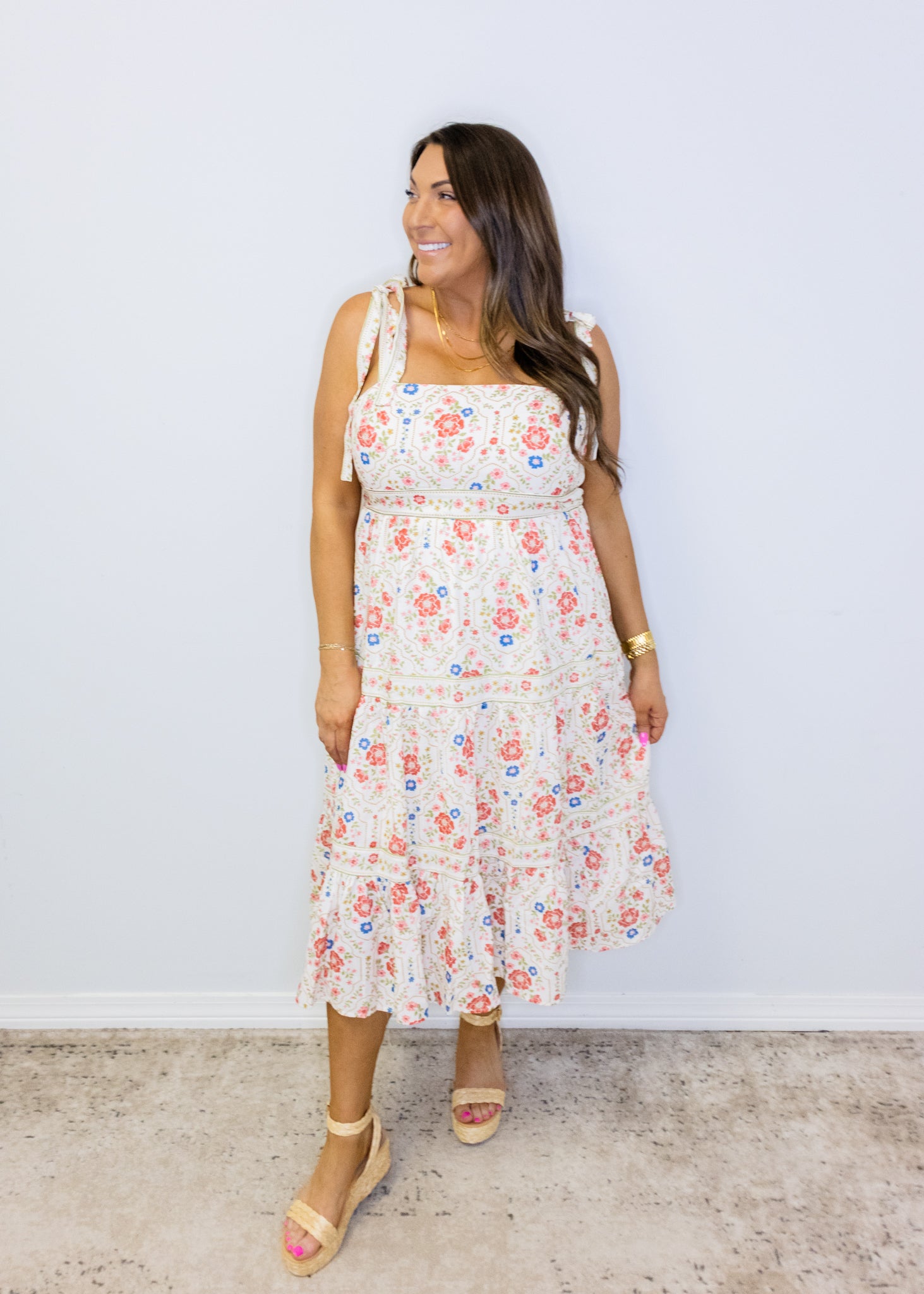 Red Multi Floral Midi Dress