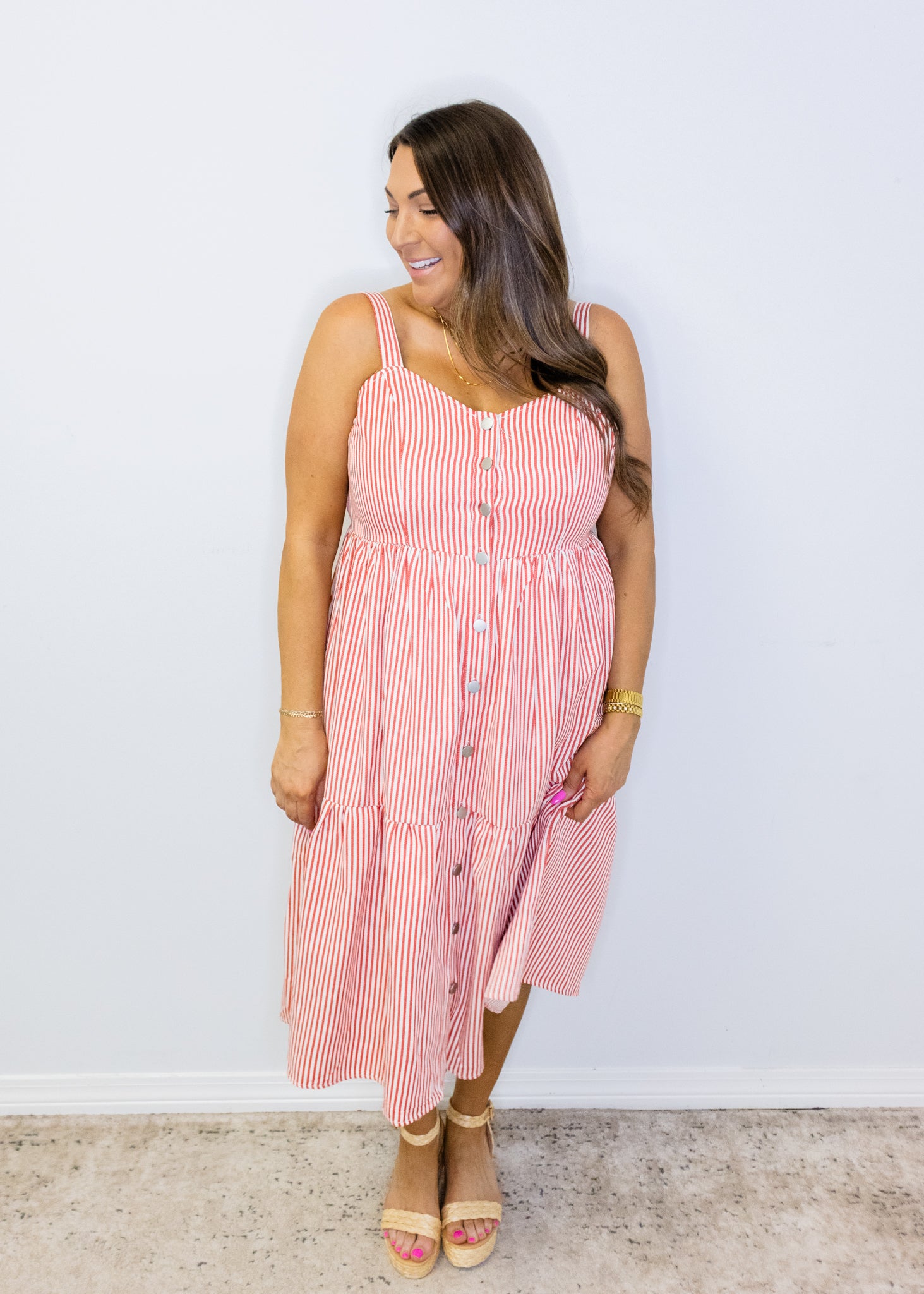 Red Striped Overall Midi Dress