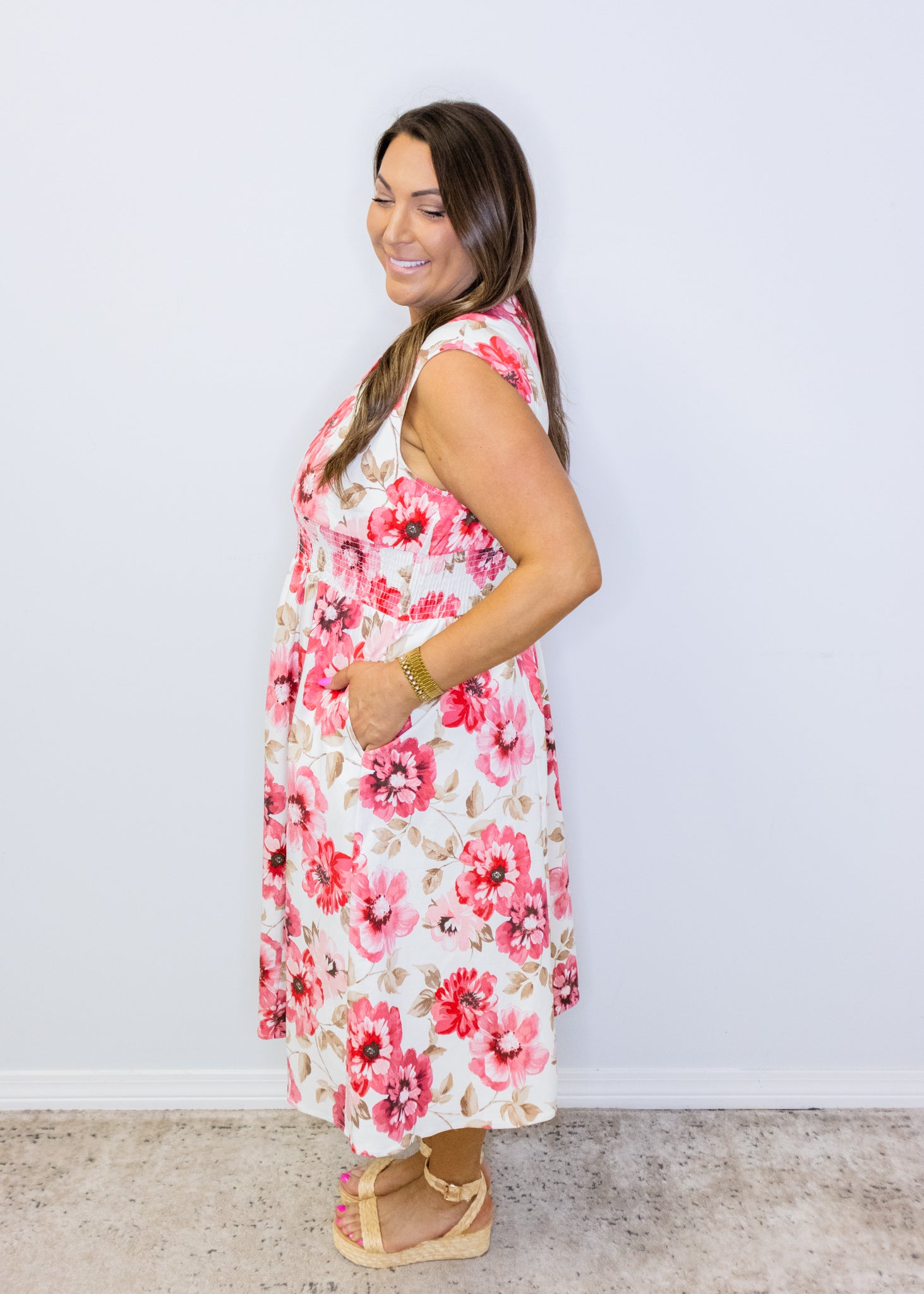 Multi Floral Print Zip Midi Dress