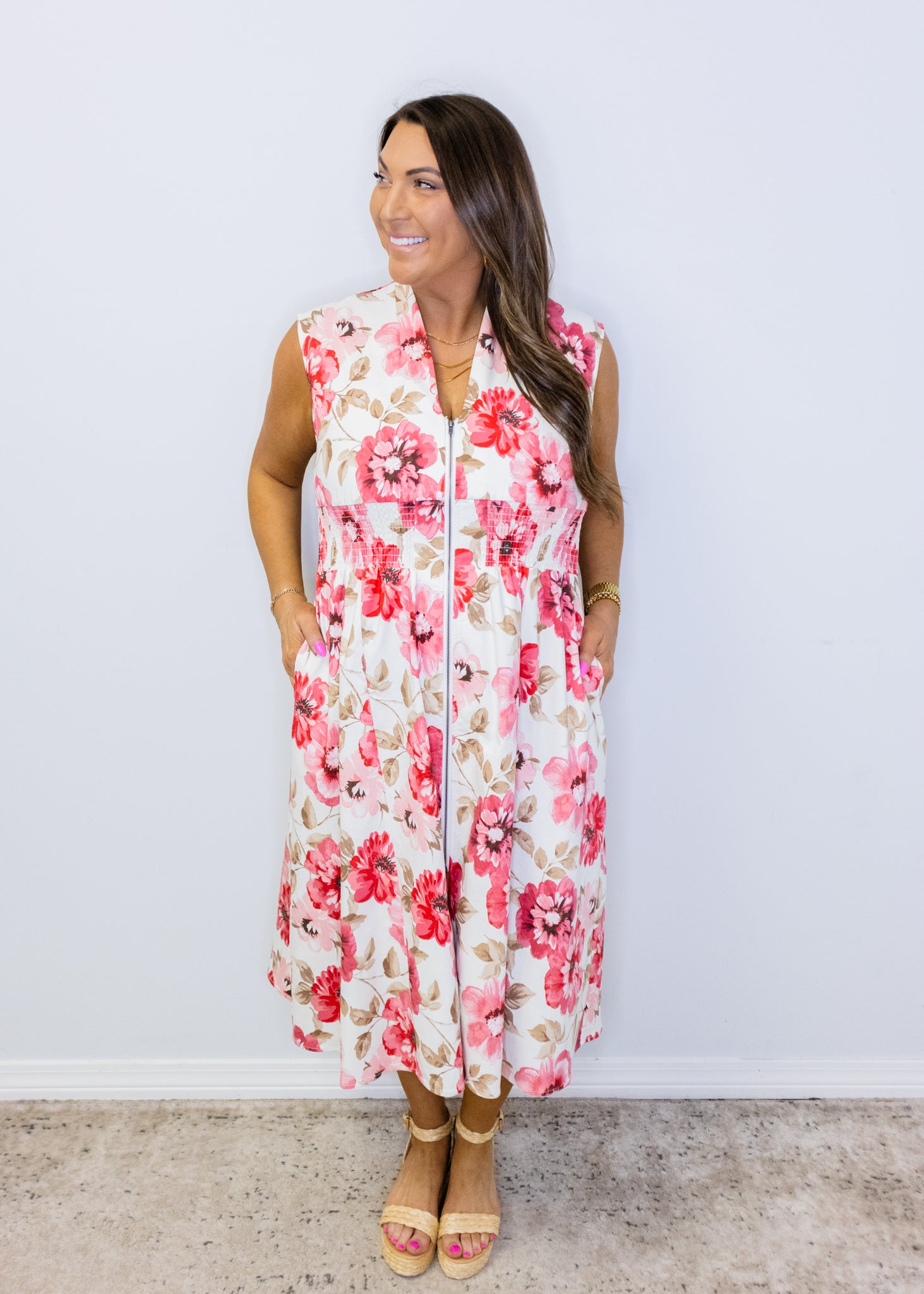 Multi Floral Print Zip Midi Dress