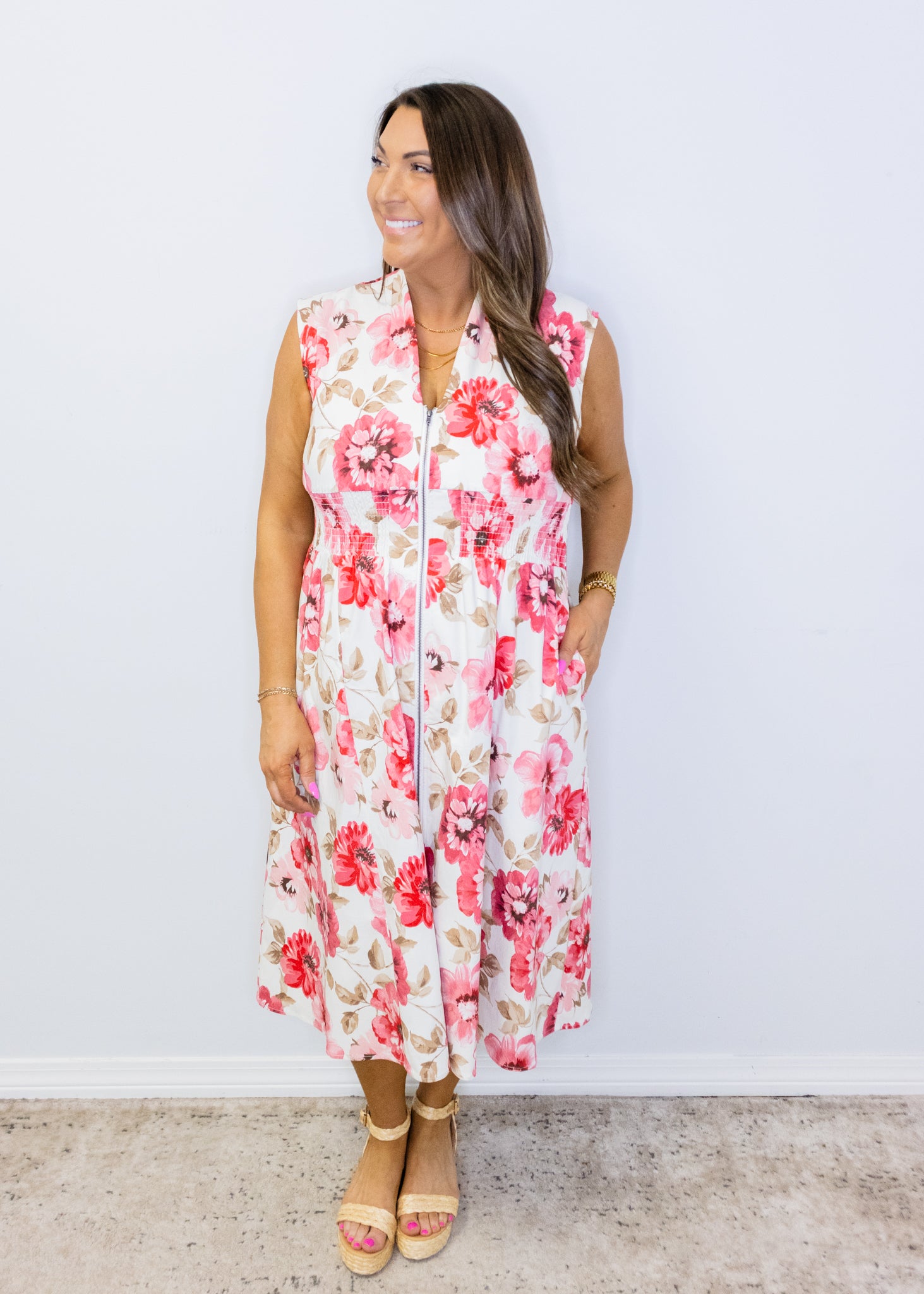 Multi Floral Print Zip Midi Dress