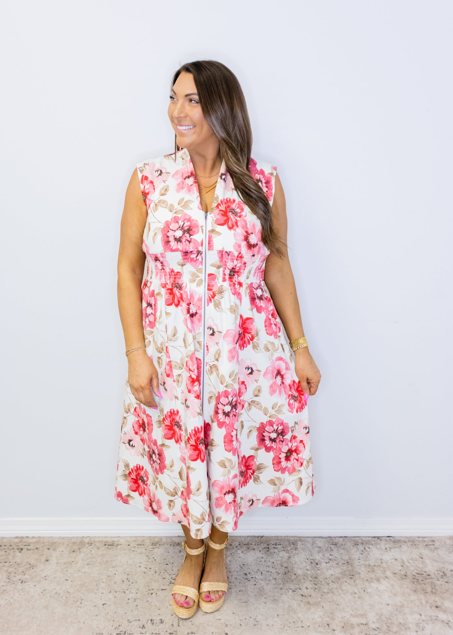 Multi Floral Print Zip Midi Dress