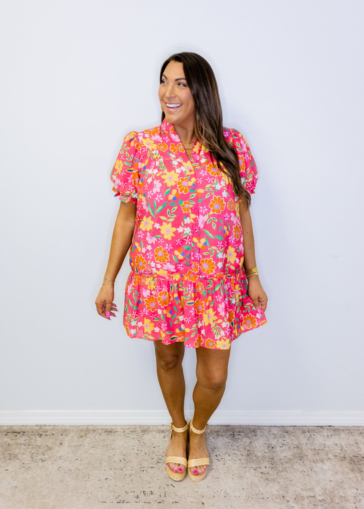 Pink Multi Floral Button Down Dress