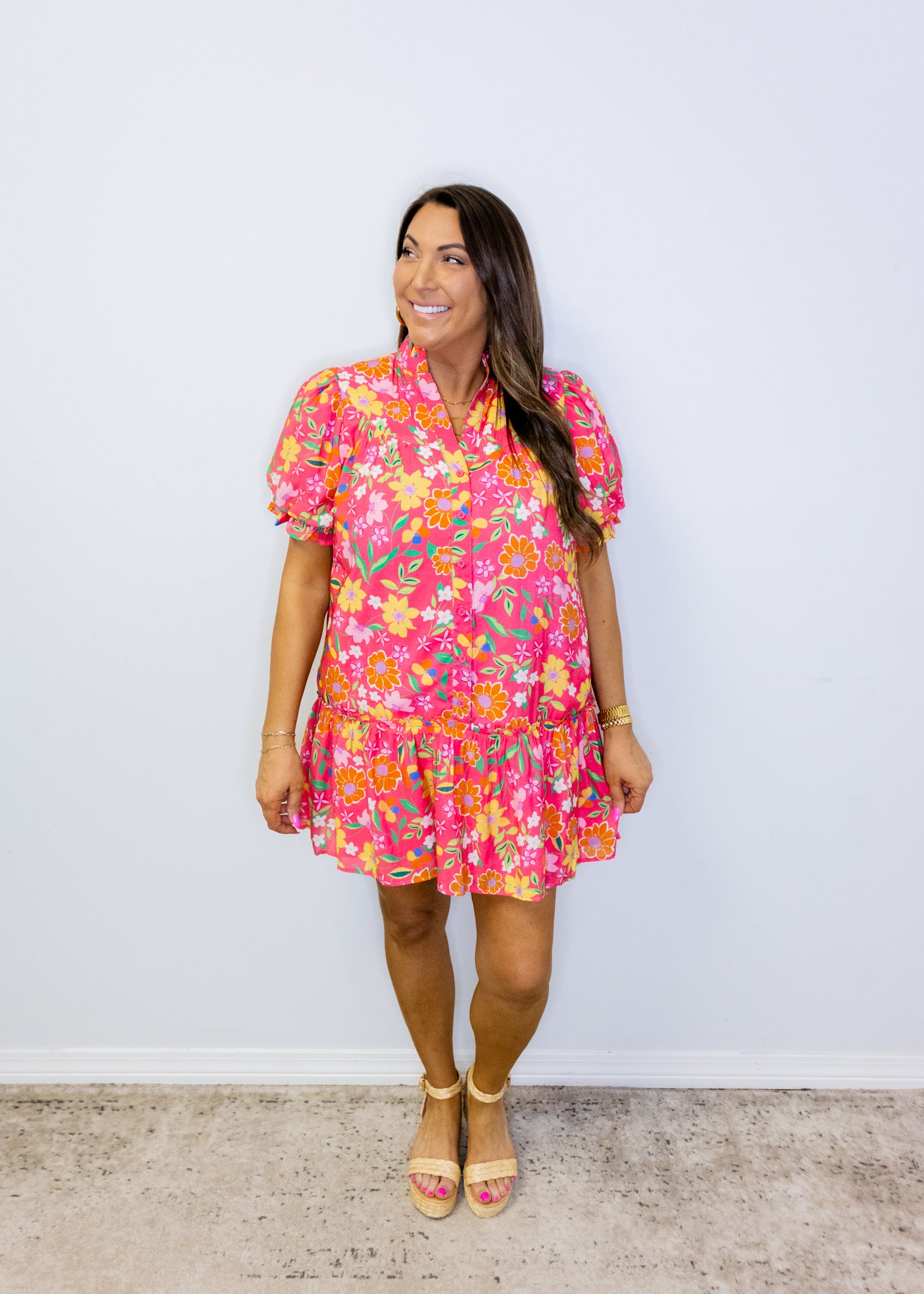Pink Multi Floral Button Down Dress