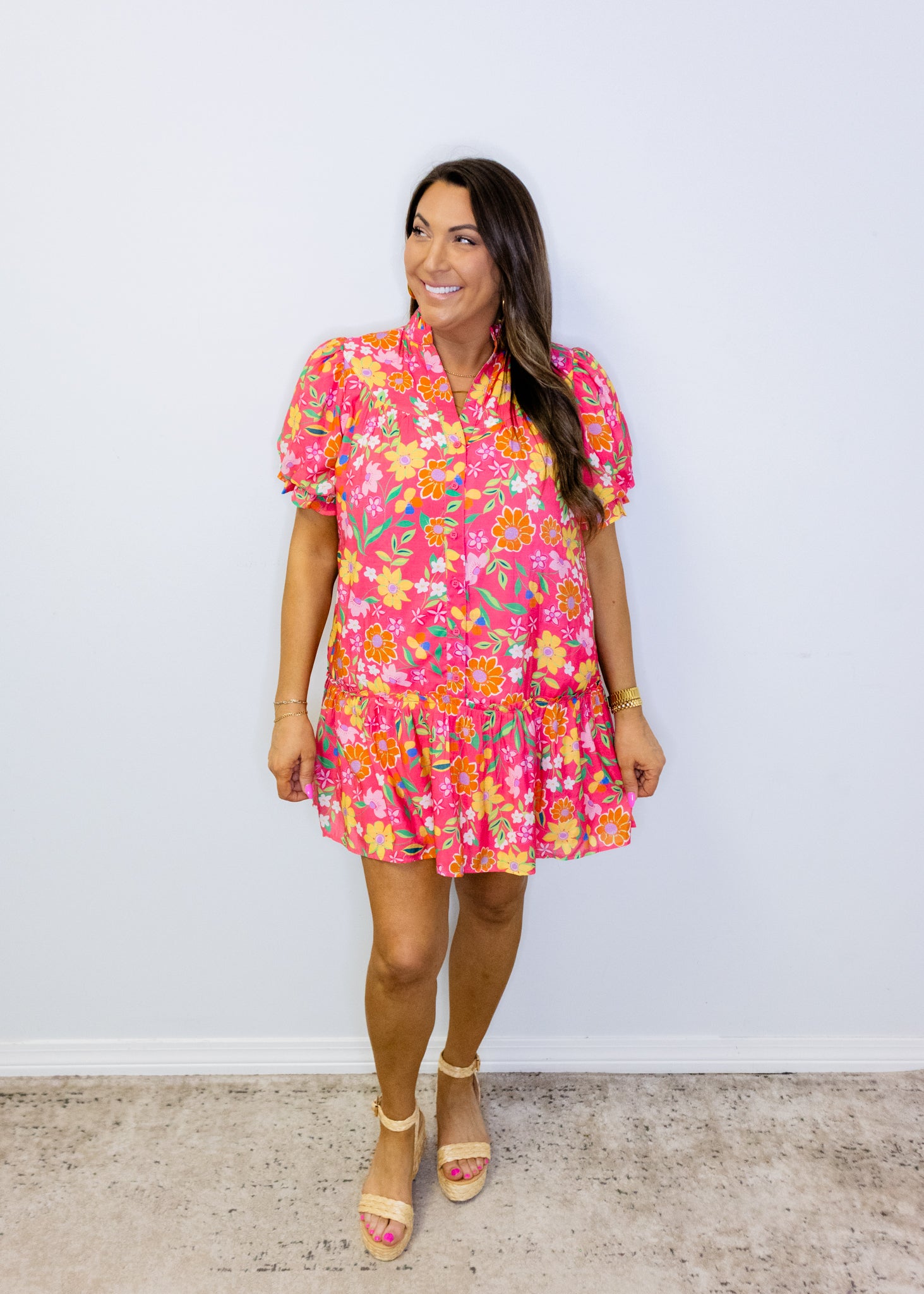 Pink Multi Floral Button Down Dress
