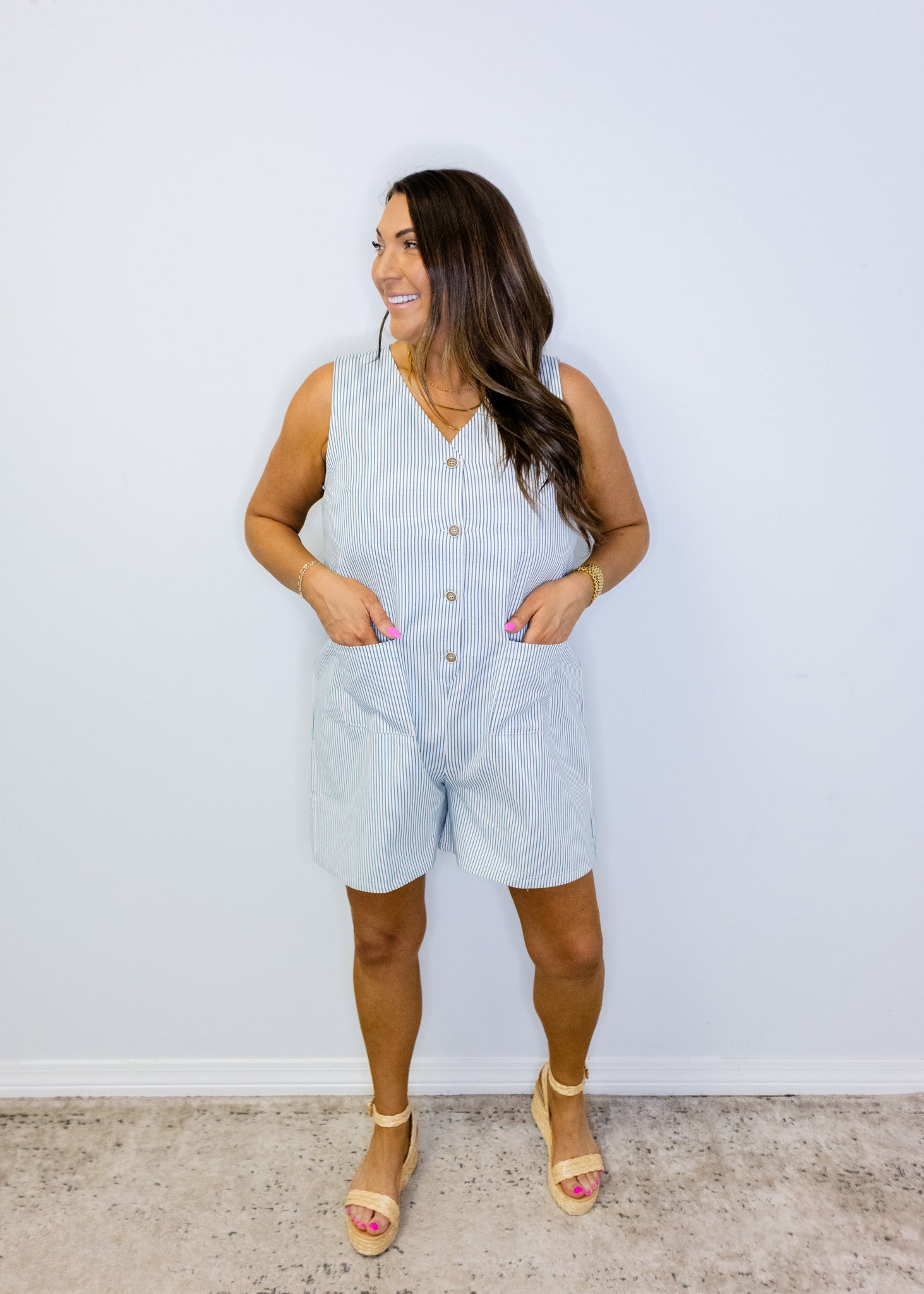 Dusty Blue Pinstripe Romper
