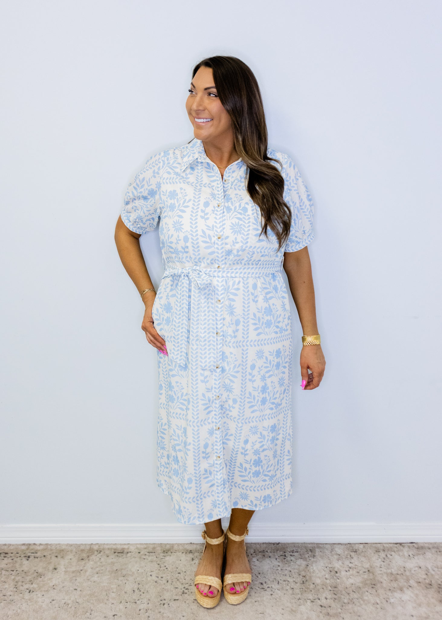 Blue & Ivory Print Midi Dress