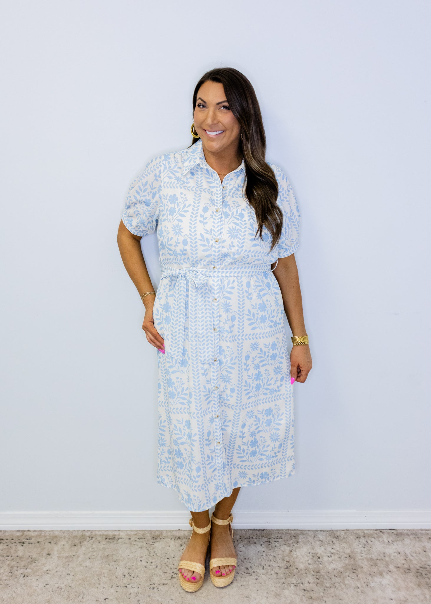 Blue & Ivory Print Midi Dress