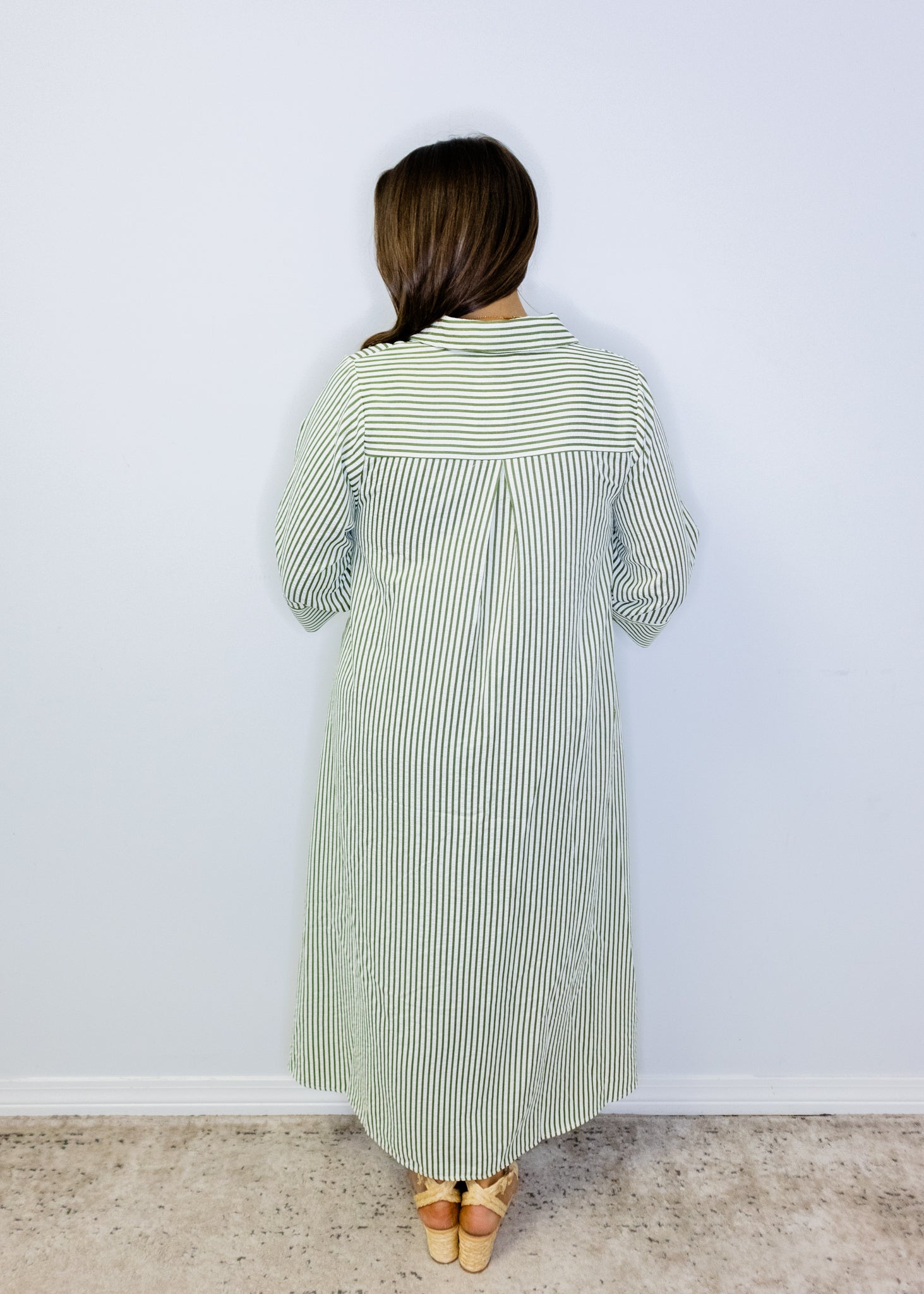 Olive Stripe Button Midi Dress