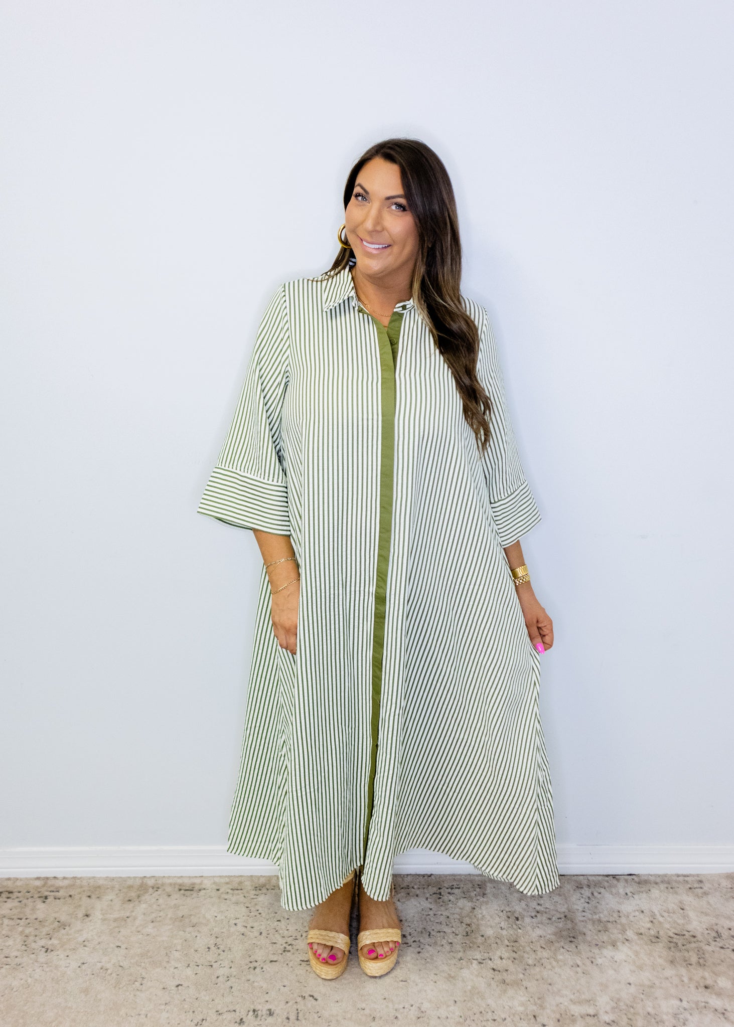 Olive Stripe Button Midi Dress