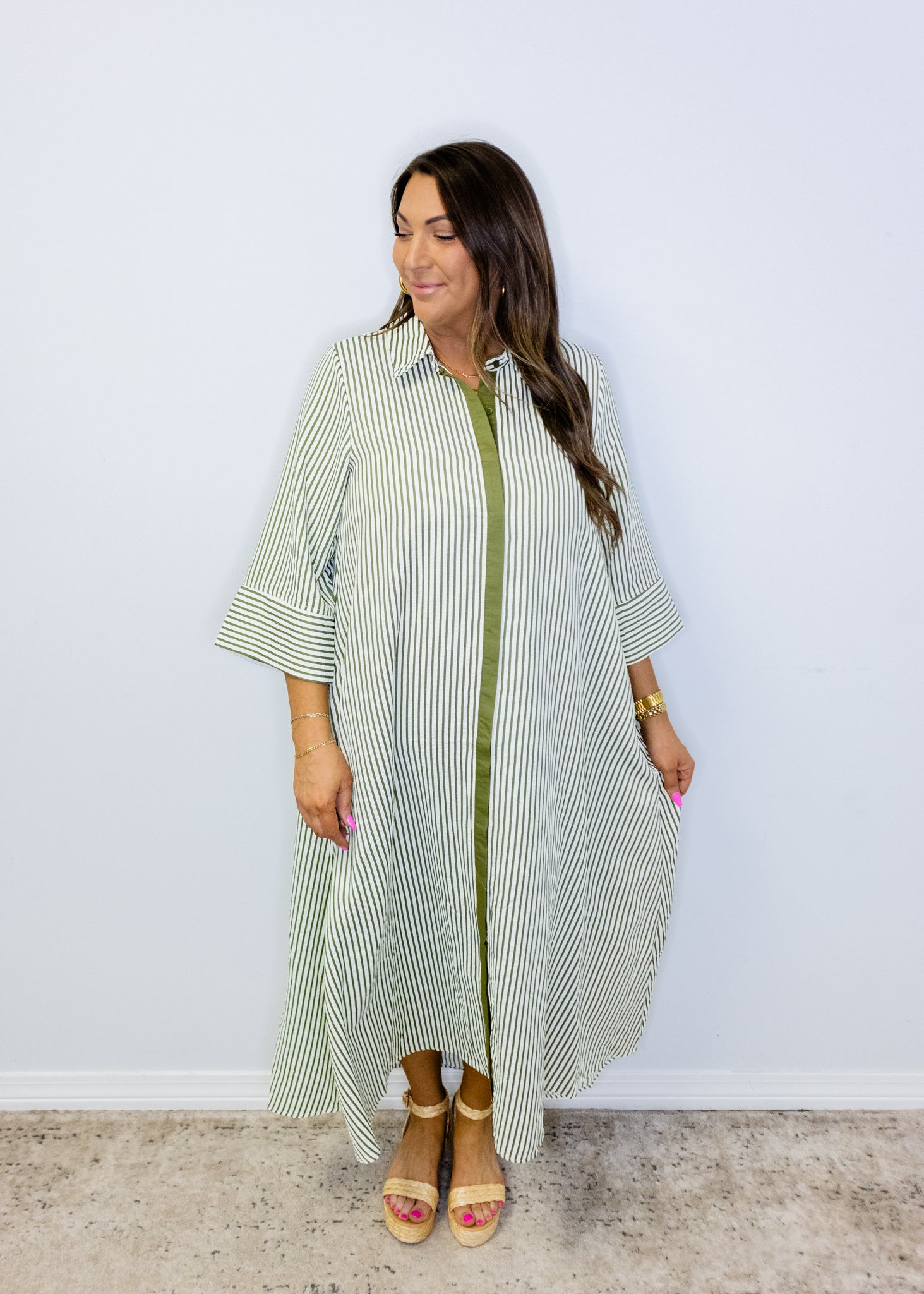 Olive Stripe Button Midi Dress