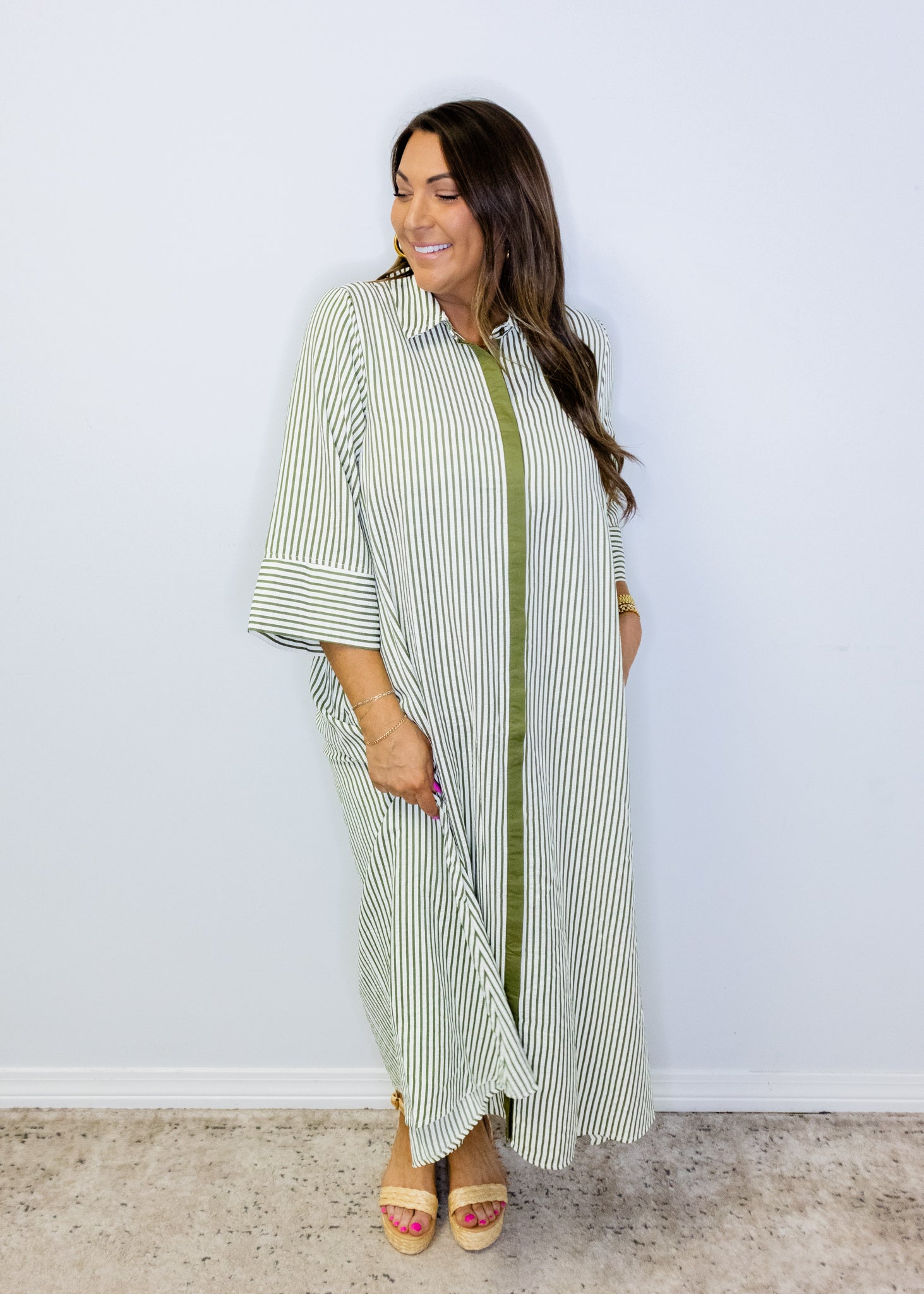 Olive Stripe Button Midi Dress