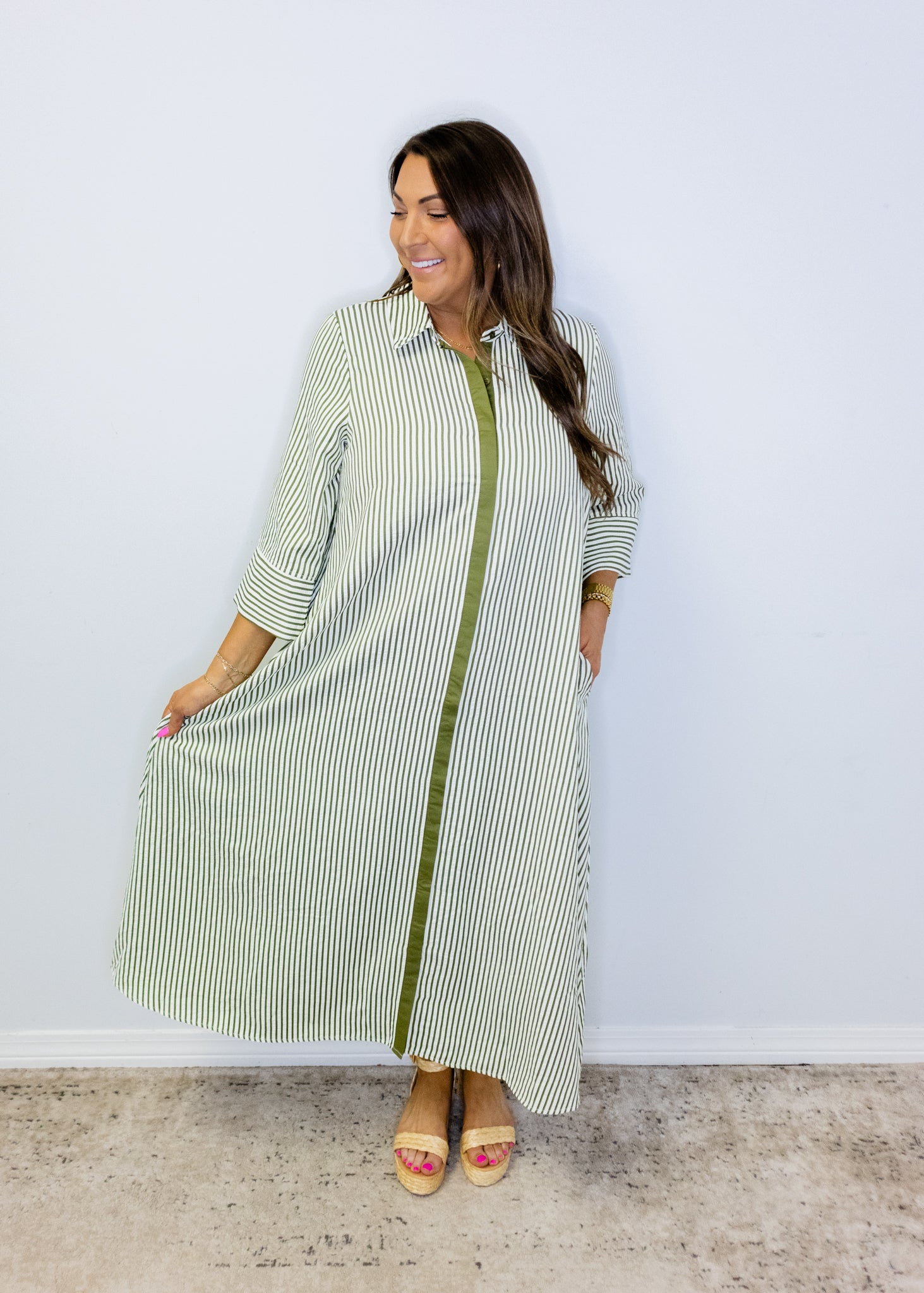 Olive Stripe Button Midi Dress