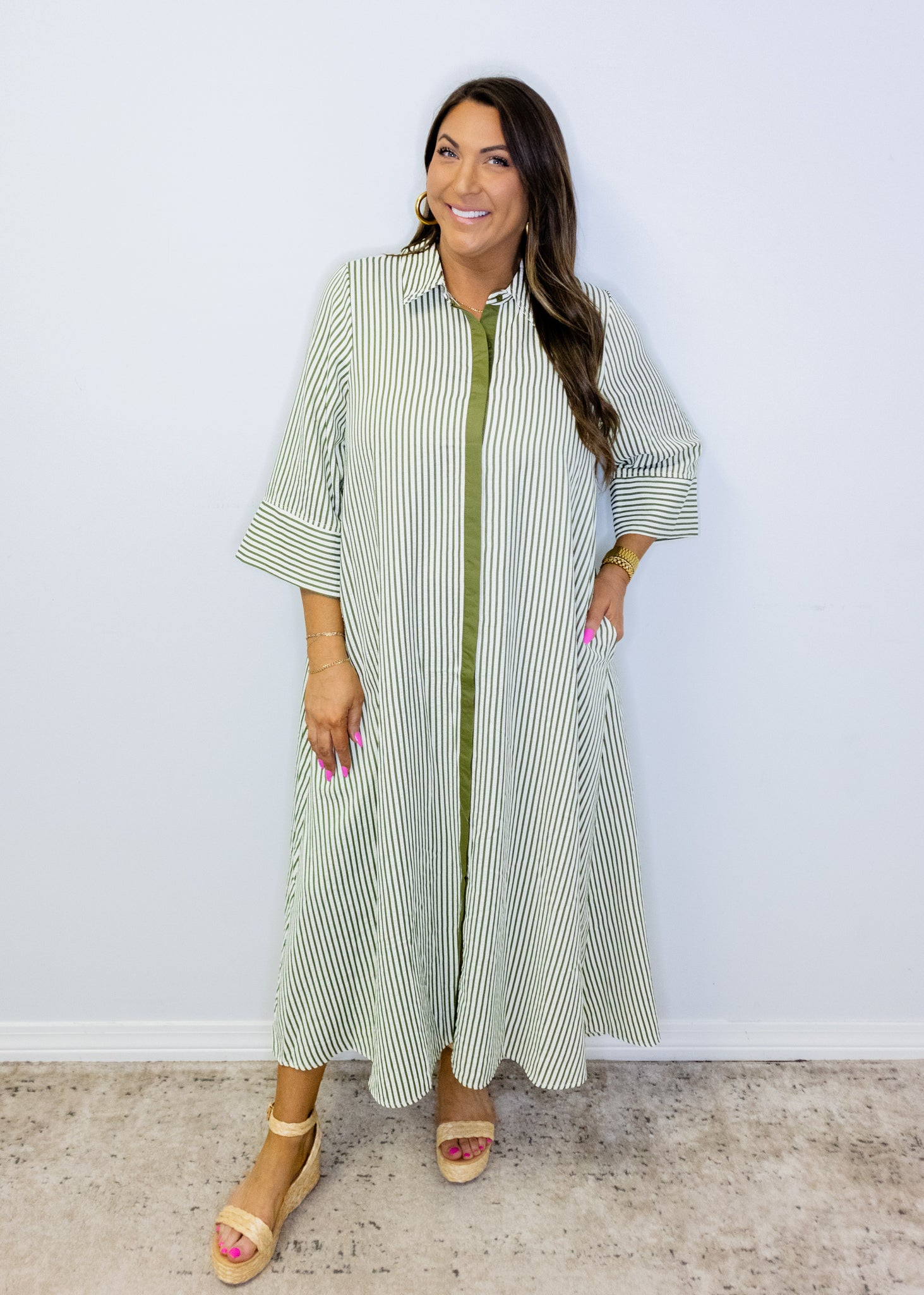 Olive Stripe Button Midi Dress