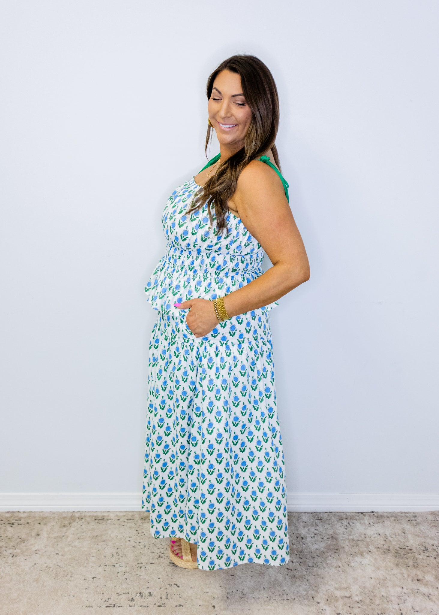 White & Blue Floral Skirt Set