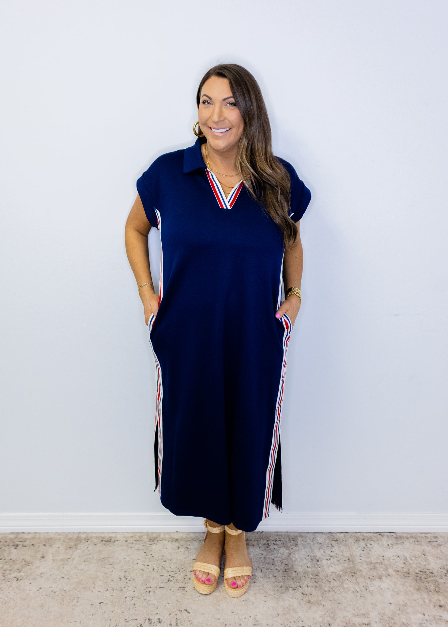 Navy Side Stripe Midi Dress