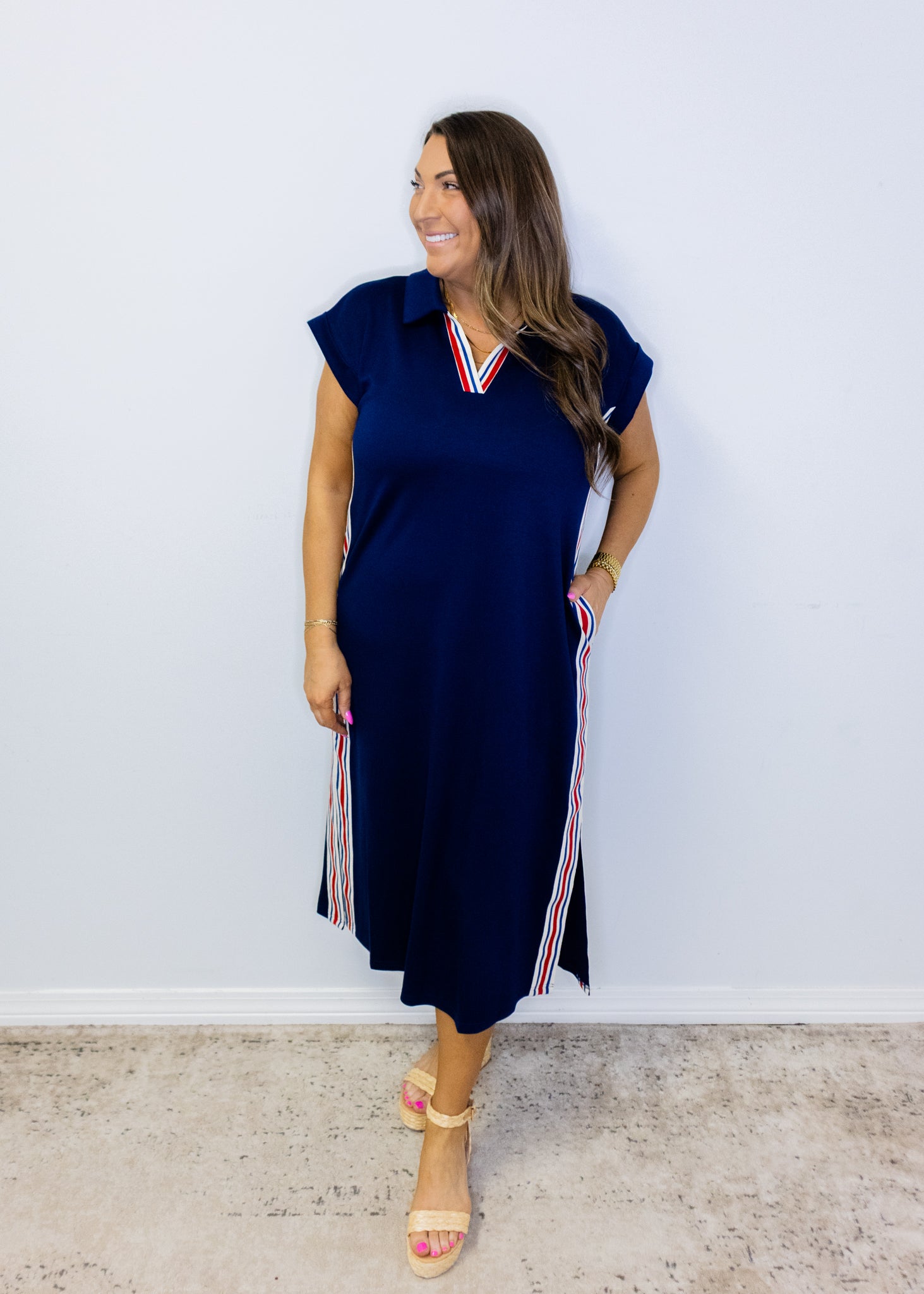 Navy Side Stripe Midi Dress