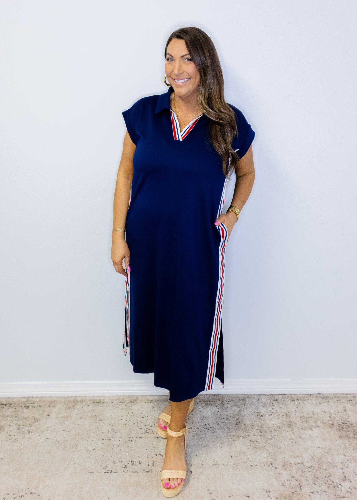 Navy Side Stripe Midi Dress