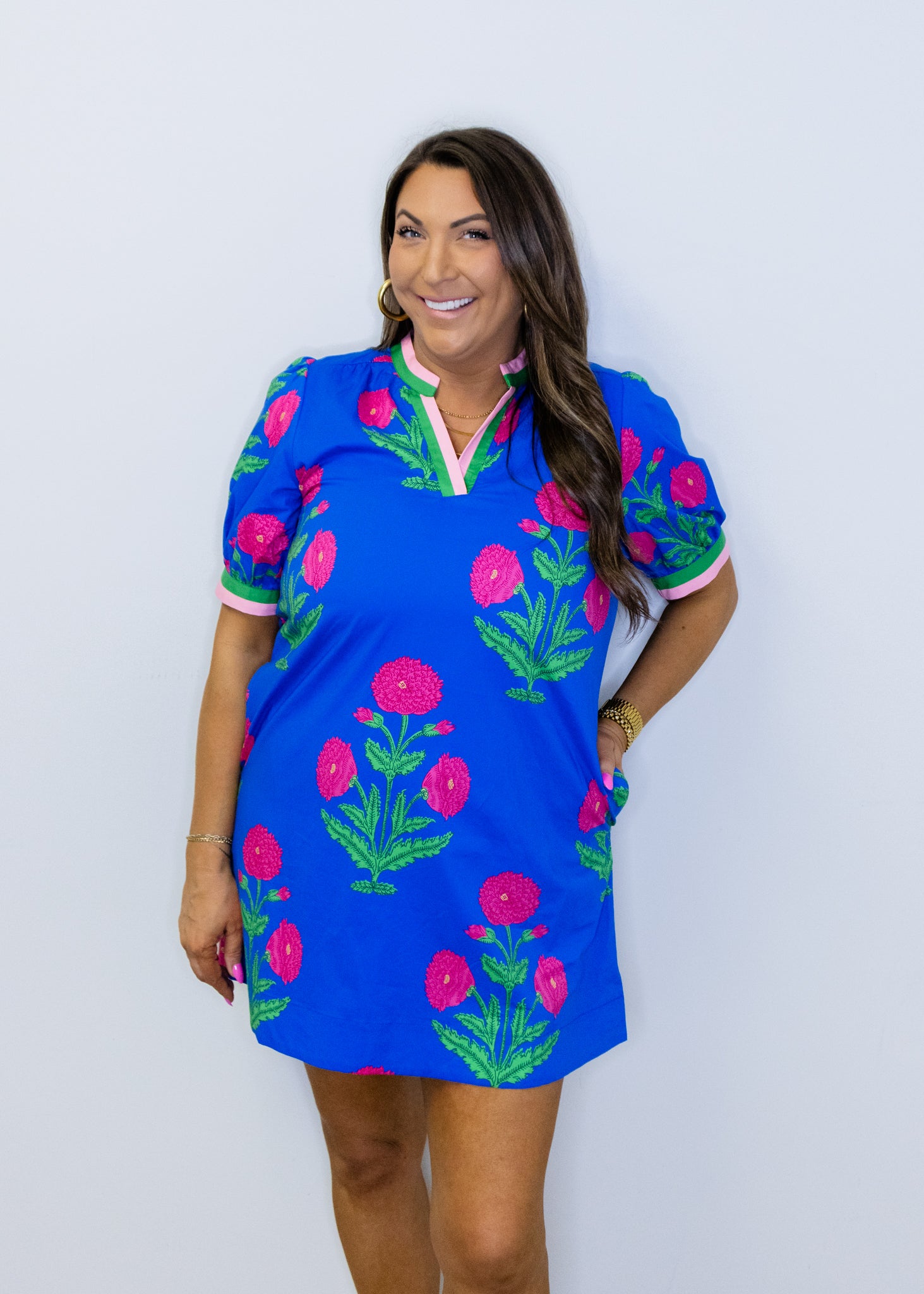 Blue Floral Contrast Shift Dress