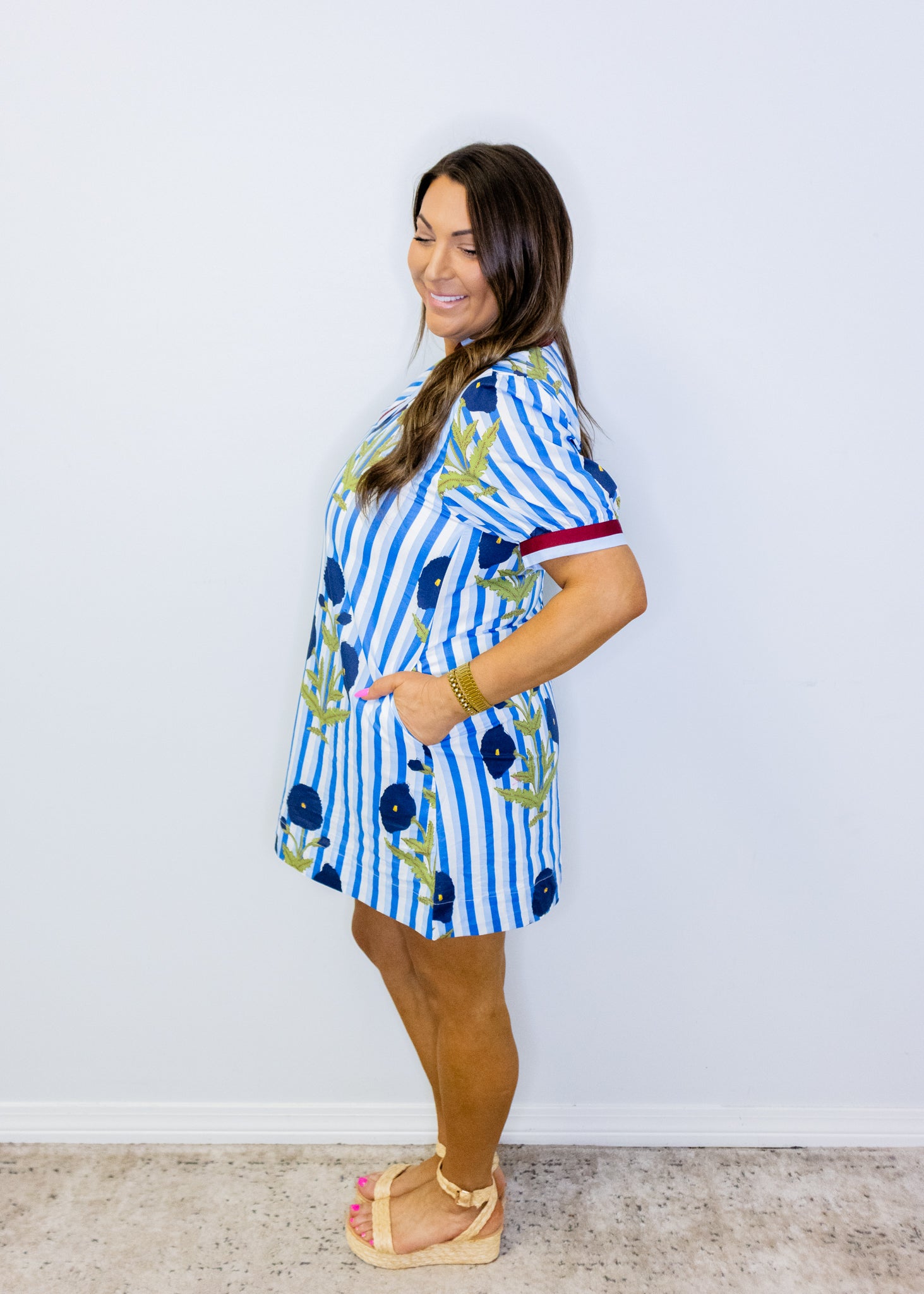 Blue Stripe Floral Contrast Dress