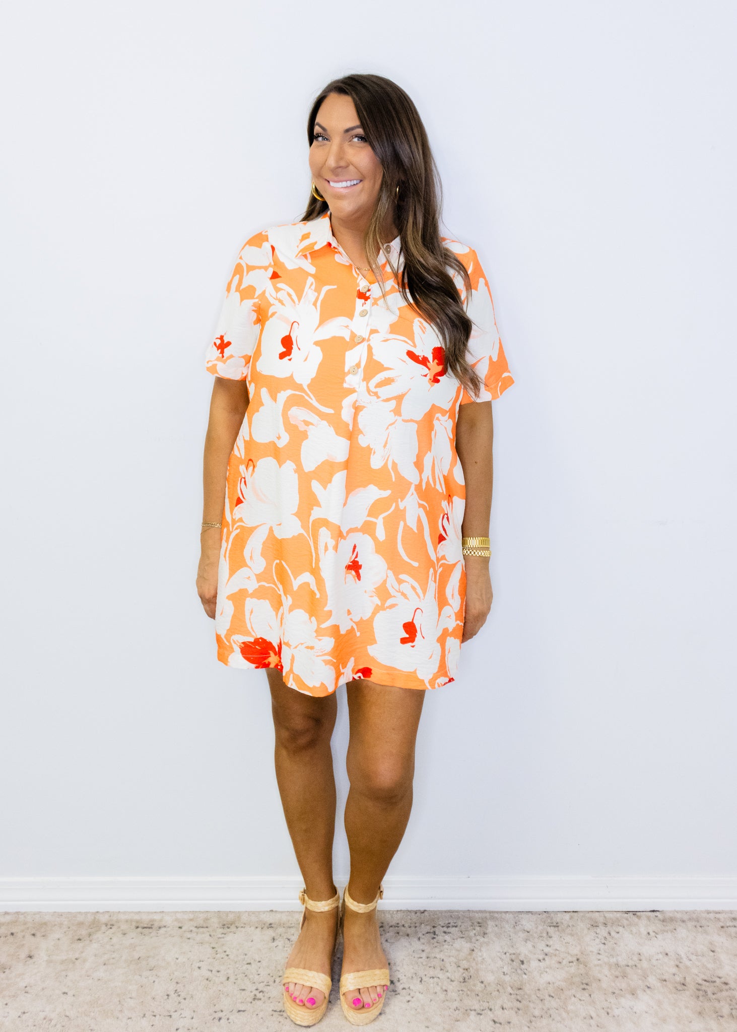 Coral Tropical Floral Shift Dress