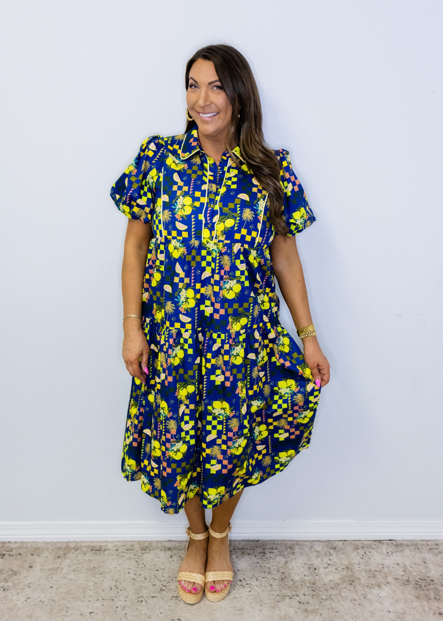 Blue Floral Tiered Midi Dress