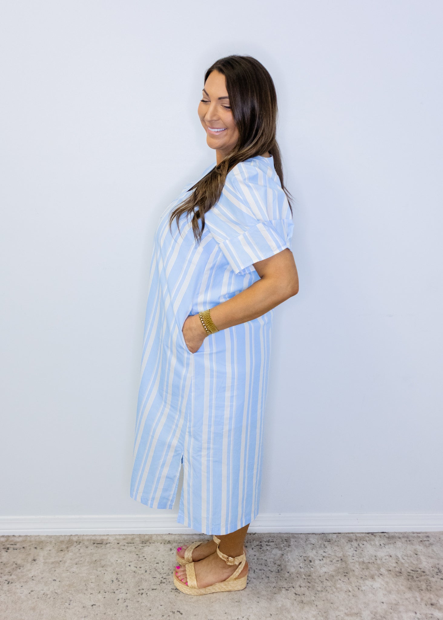 Blue Stripe V-Neck Maxi Dress