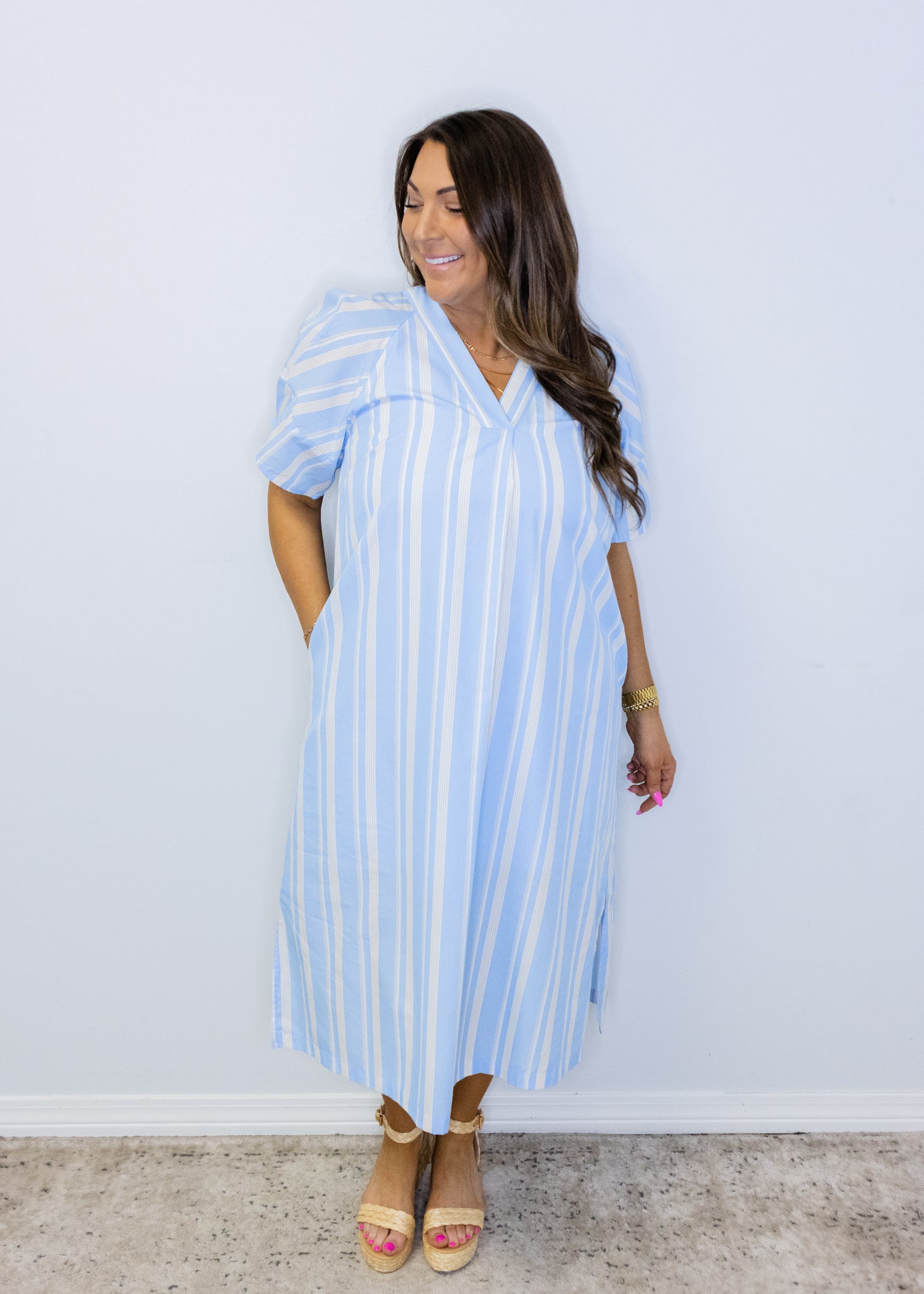 Blue Stripe V-Neck Maxi Dress