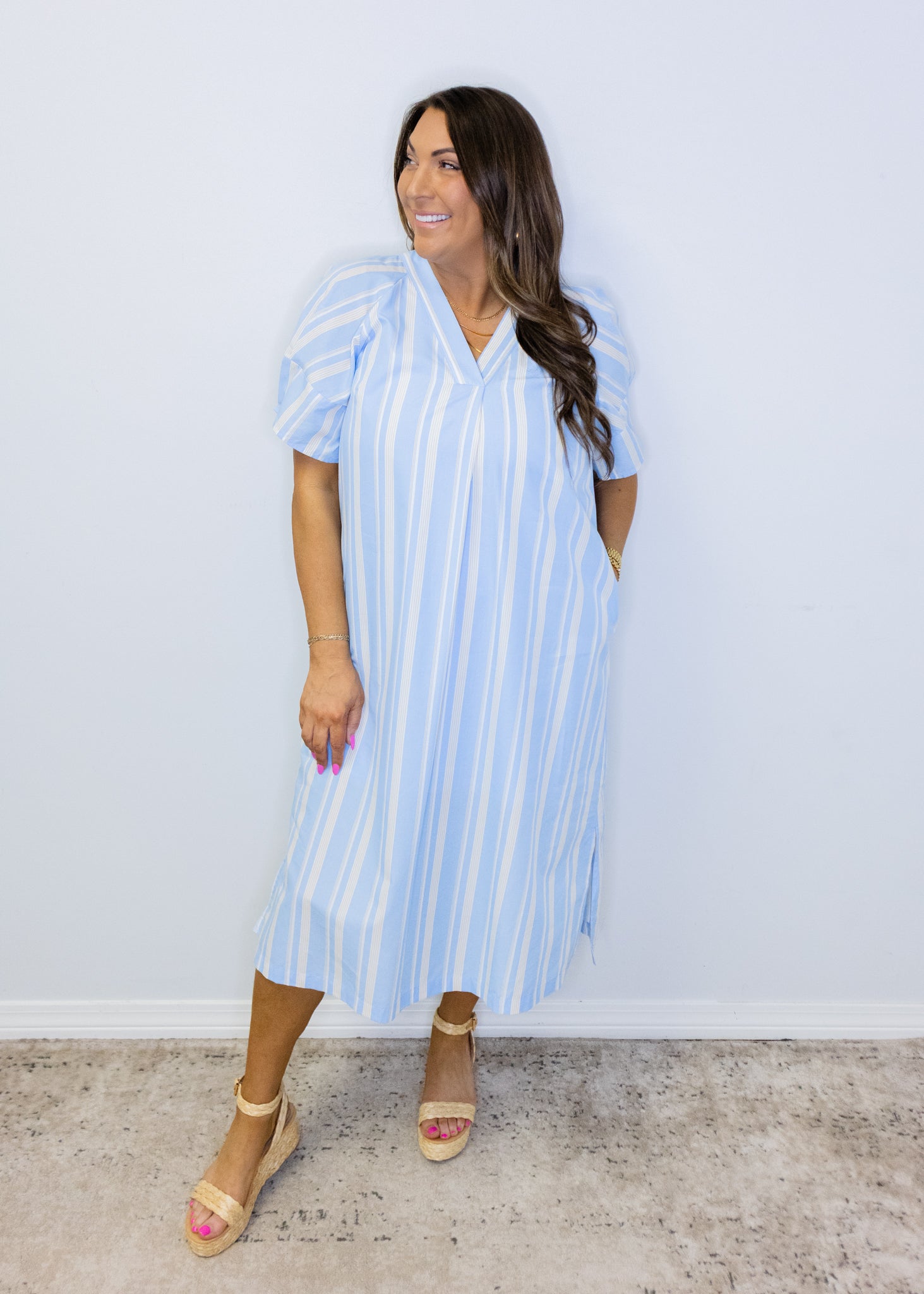 Blue Stripe V-Neck Maxi Dress