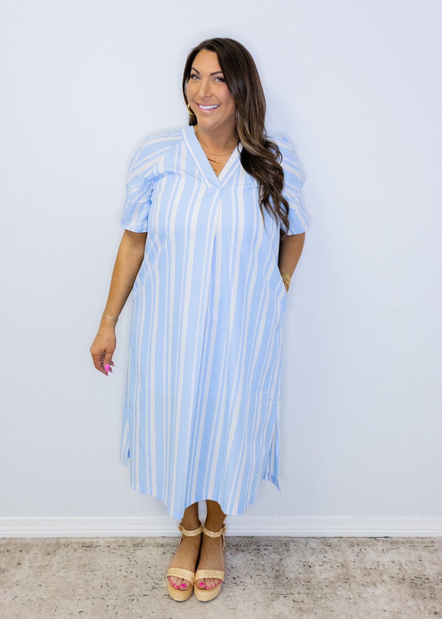 Blue Stripe V-Neck Maxi Dress