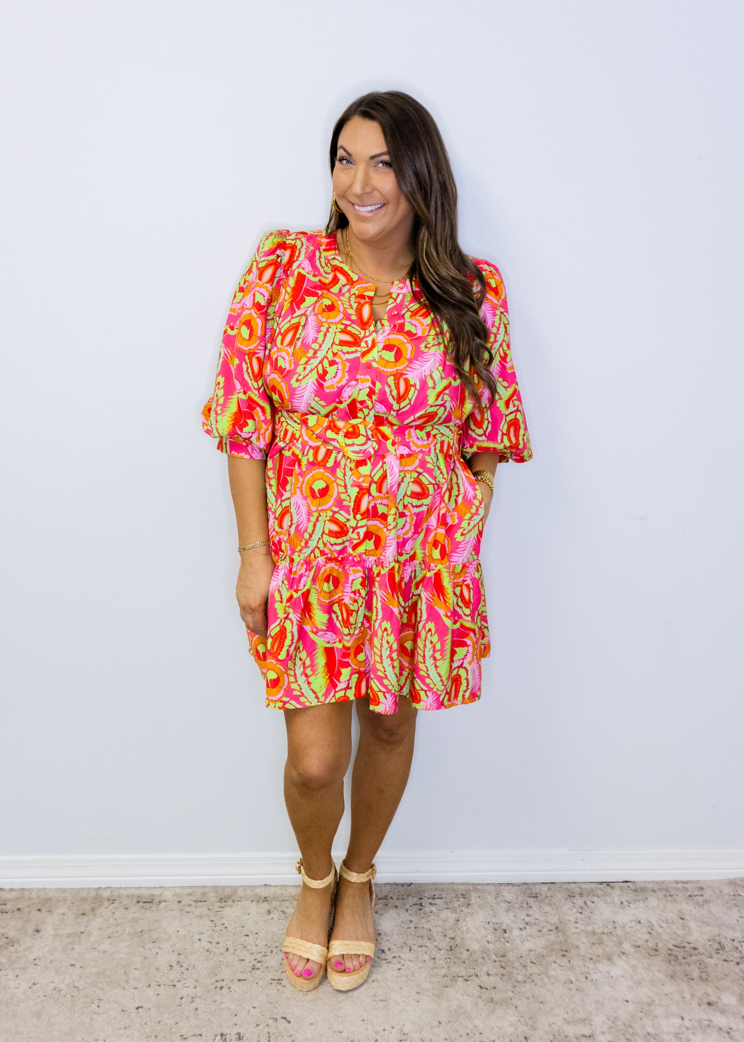 Pink & Lime Print Belted Dress