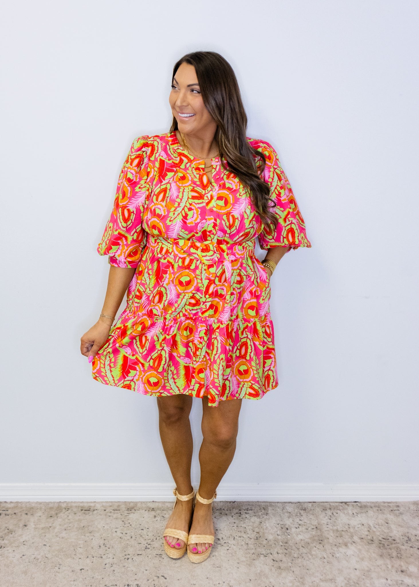 Pink & Lime Print Belted Dress