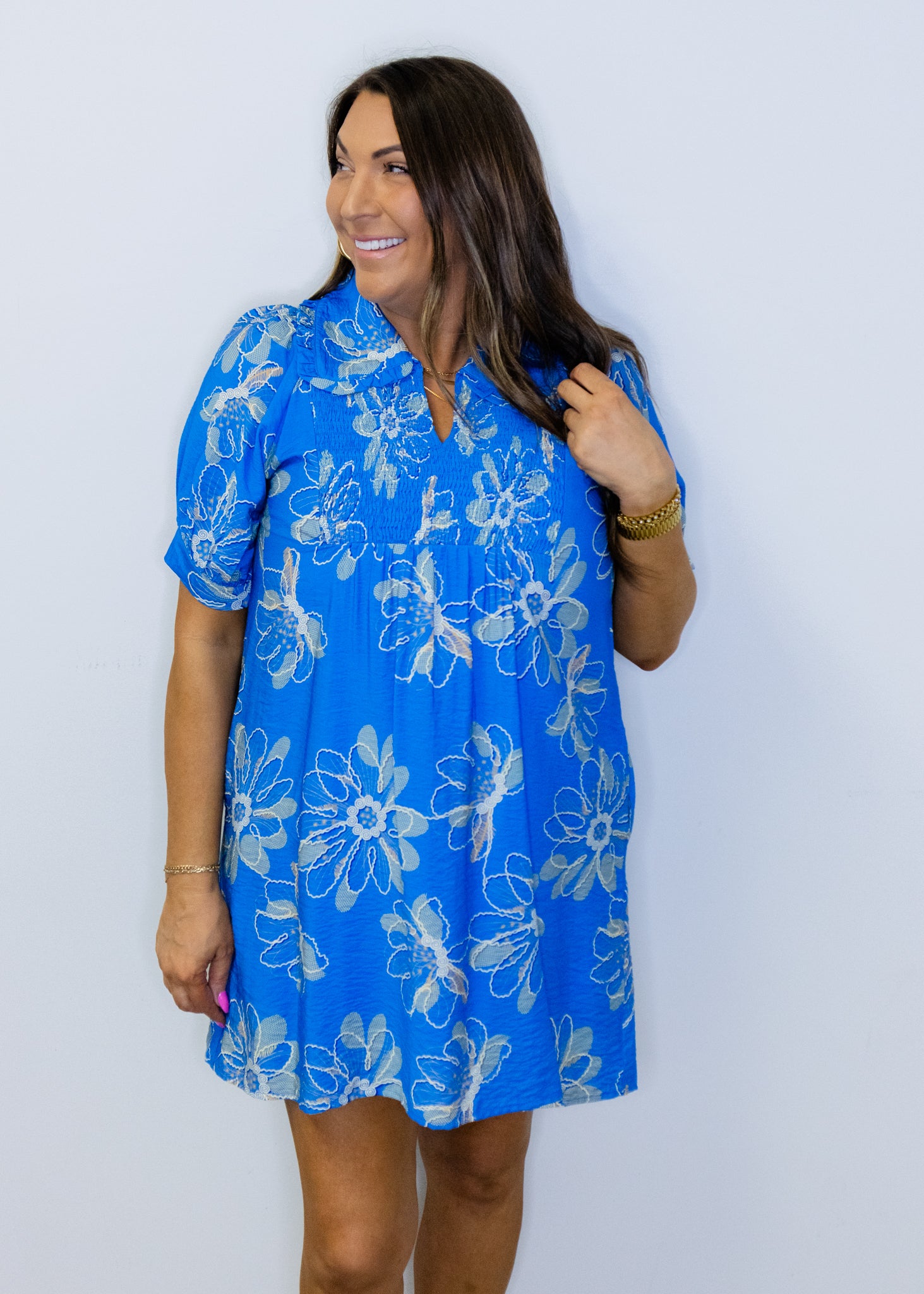 Blue Smocked Floral Collar Dress