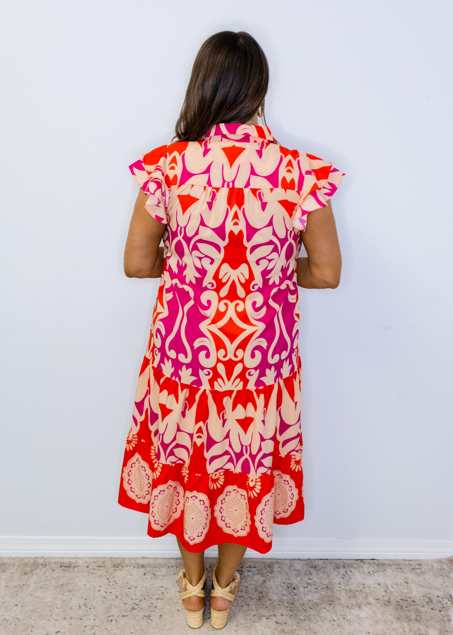 Coral Swirl Print Midi Dress
