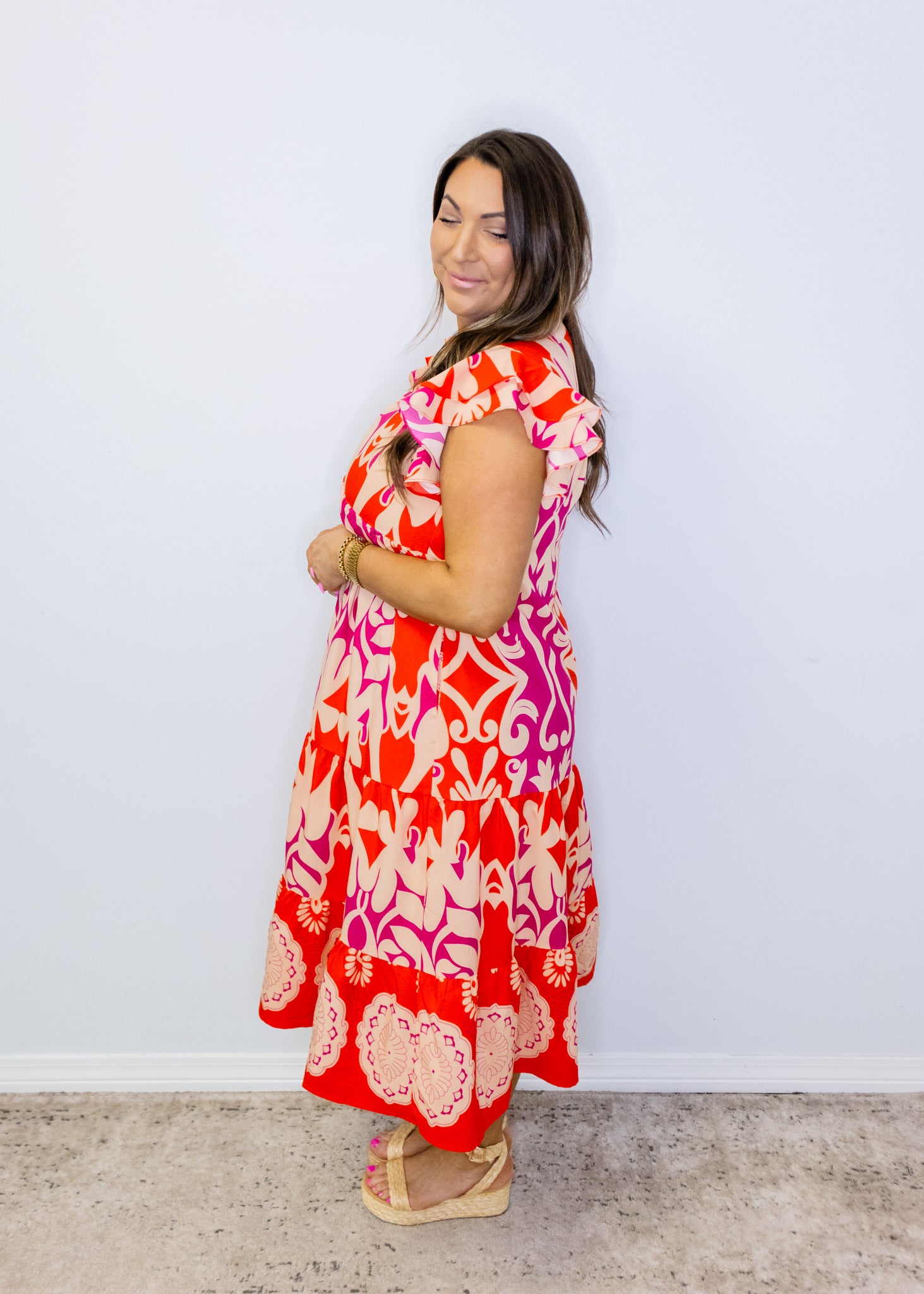 Coral Swirl Print Midi Dress