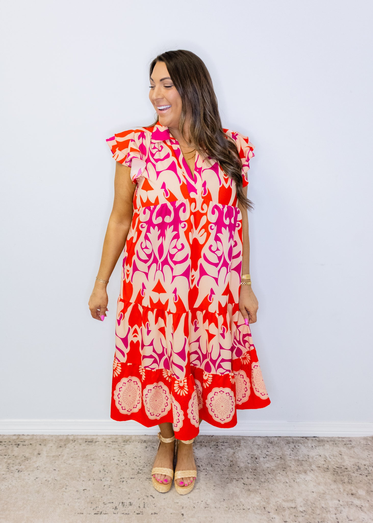 Coral Swirl Print Midi Dress