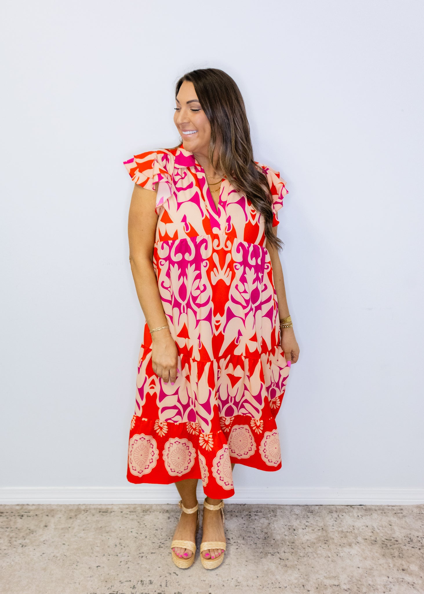 Coral Swirl Print Midi Dress