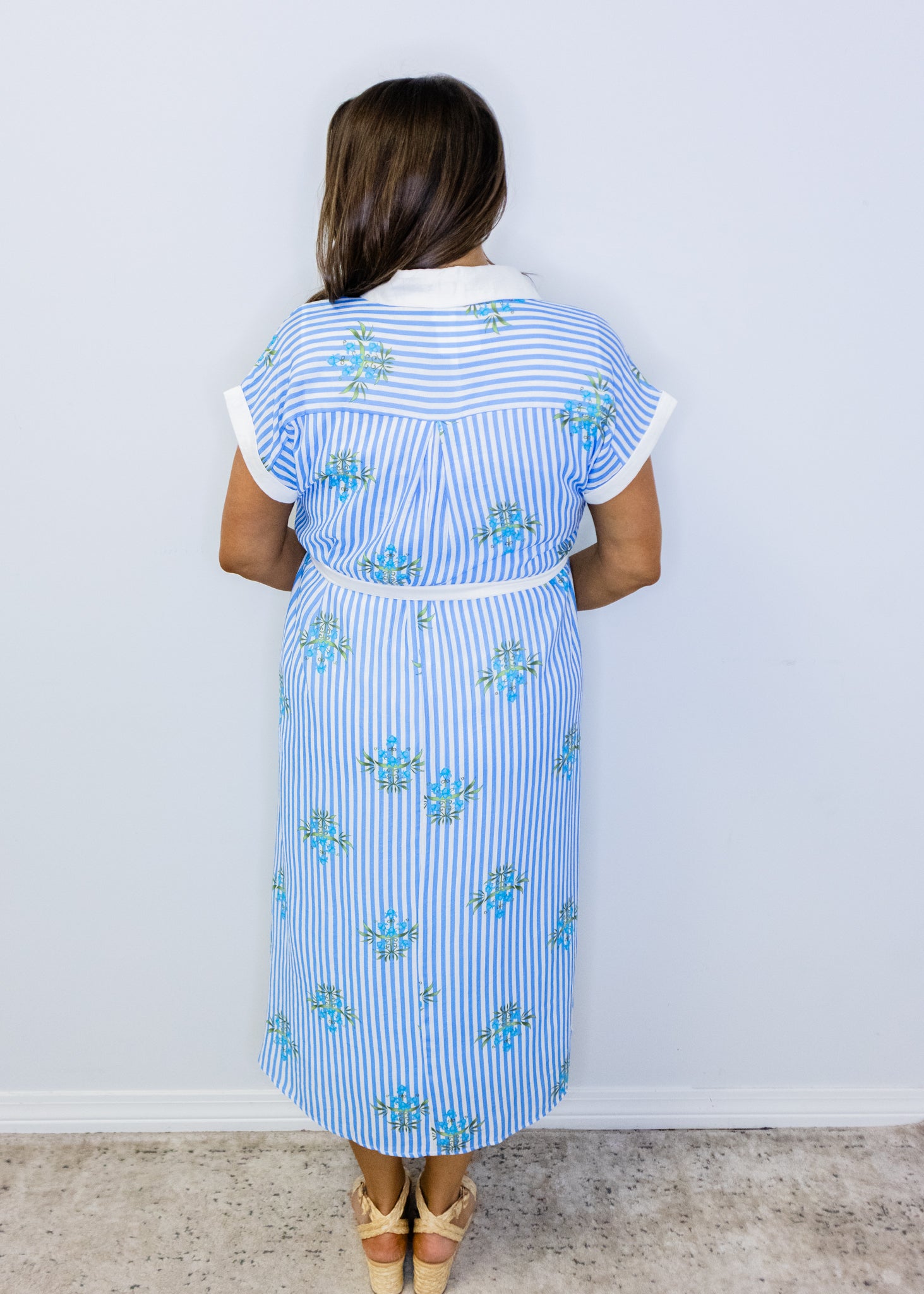 Blue Floral Stripe Midi Dress