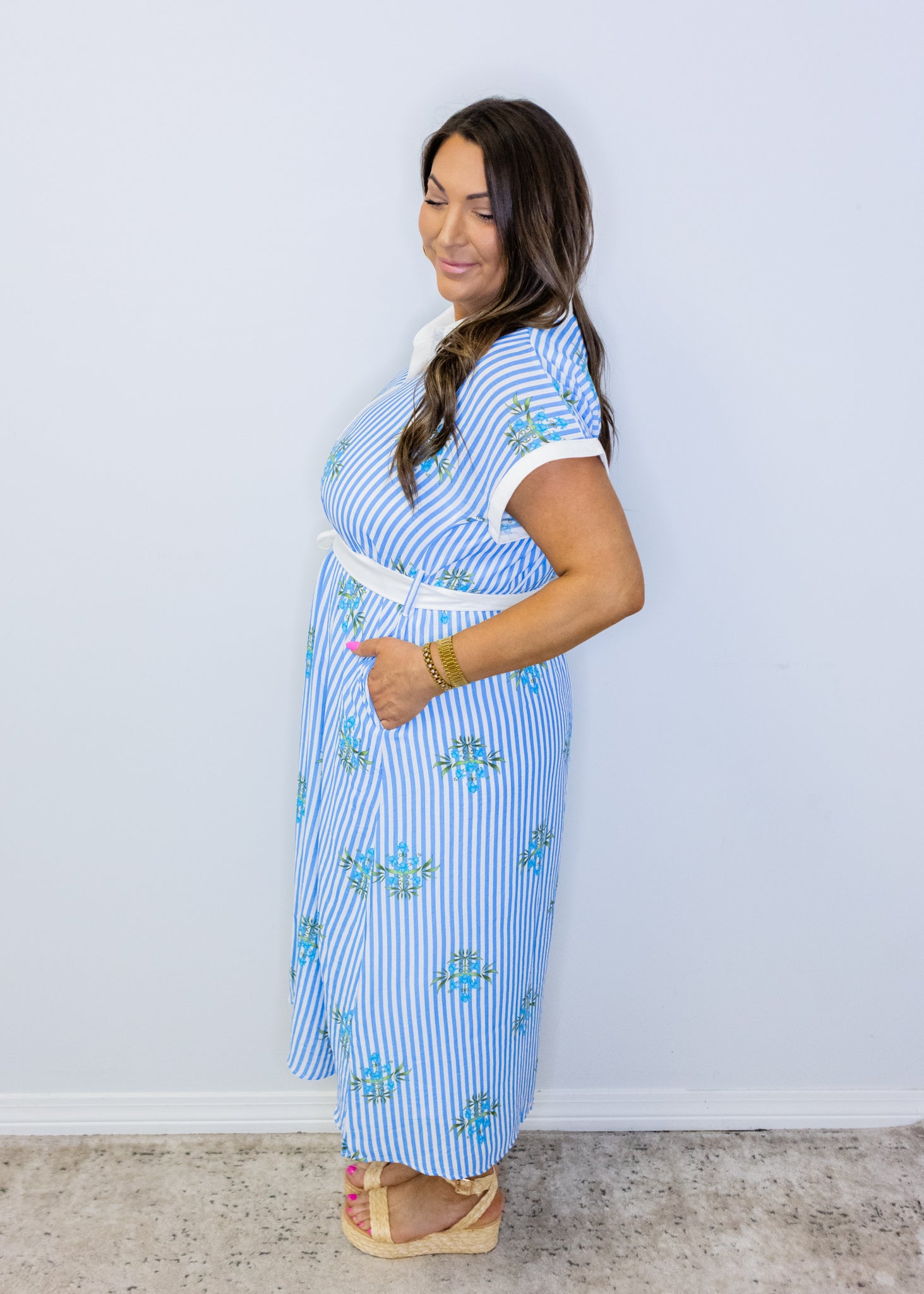 Blue Floral Stripe Midi Dress