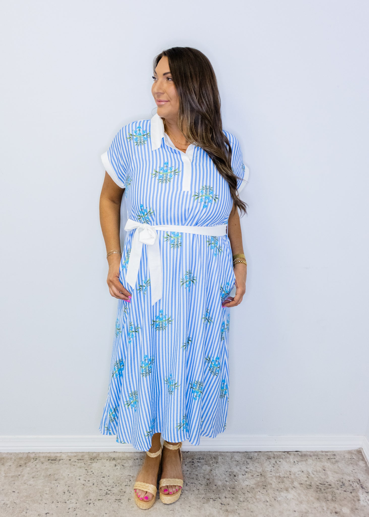 Blue Floral Stripe Midi Dress